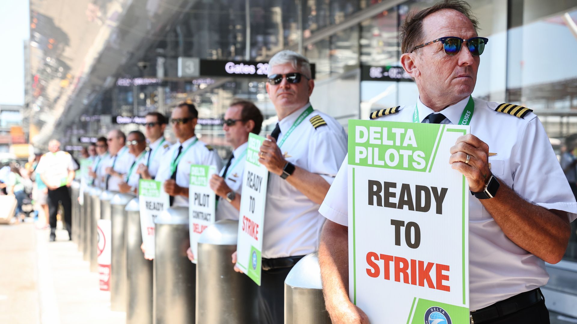 Delta Air Lines pilots picket at Los Angeles International Airport (LAX) during a protest over the union contract on June 30, 2022 in Los Angeles, California. 