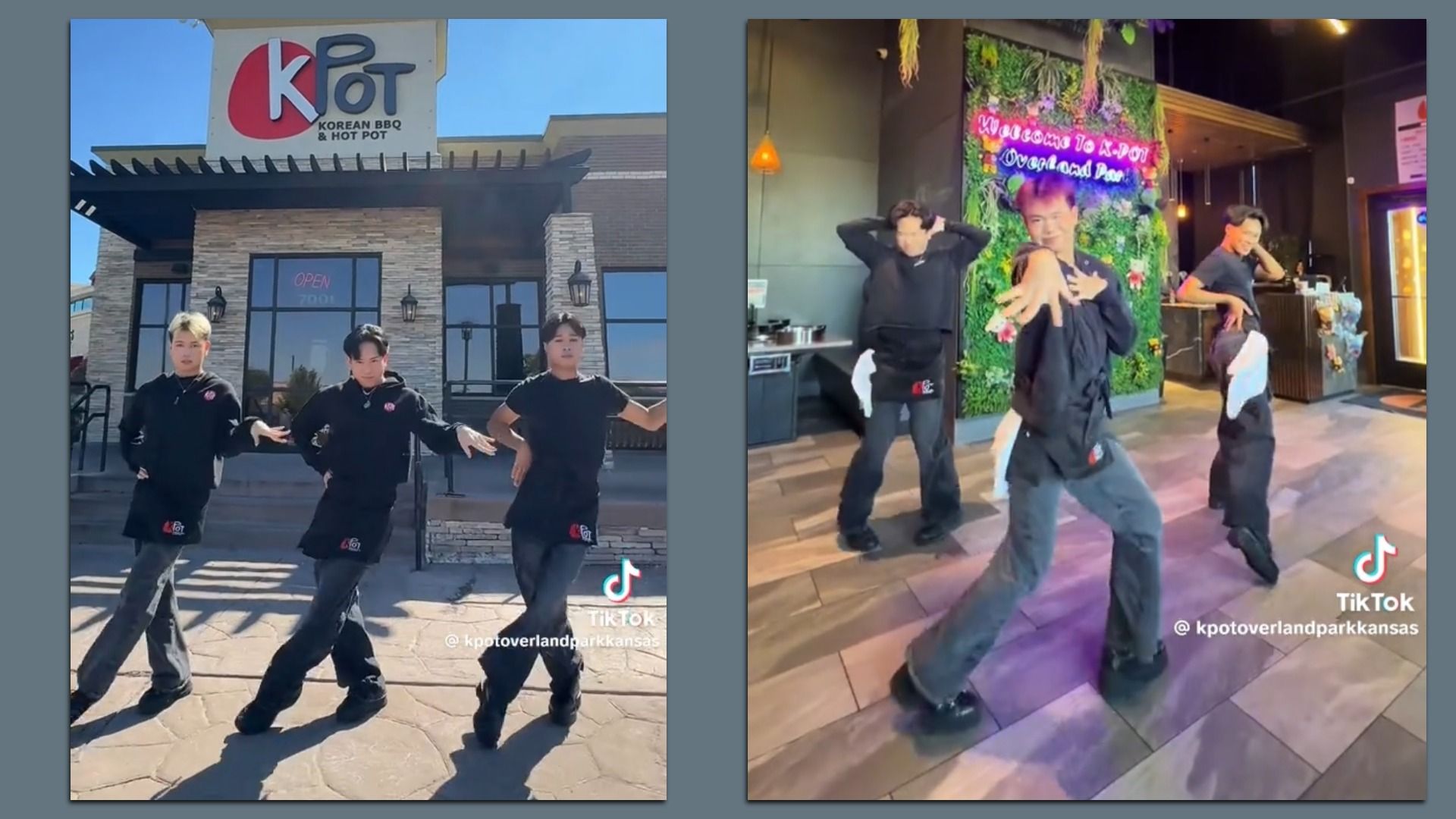 Three men in black uniforms dance outside and inside a Korean BBQ & Hot Pot restaurant, with a green floral wall and neon sign inside reading "Welcome To K-POT Overland Park."