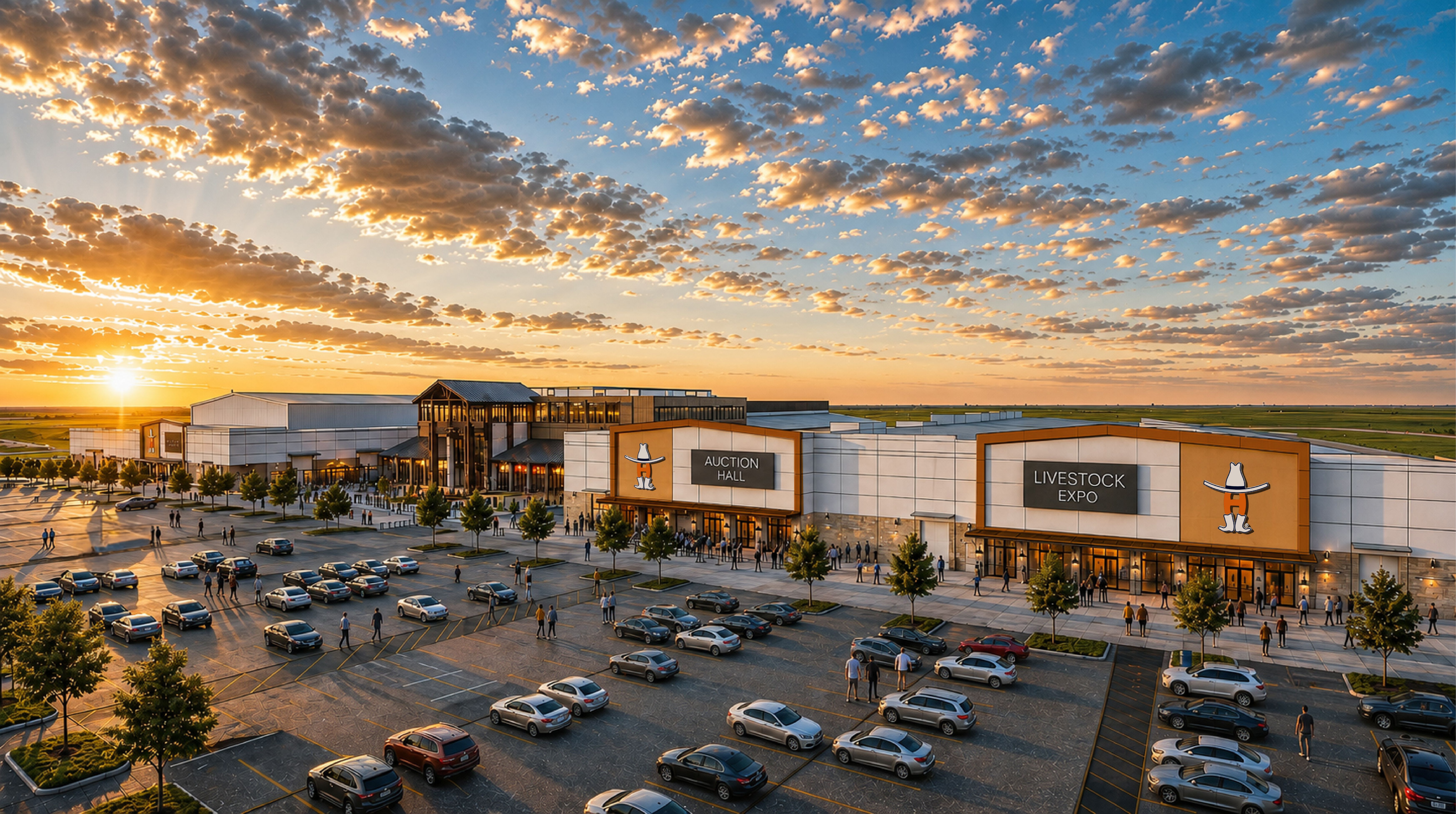 Sunset over a modern livestock expo center with orange-accented facade. Signs read Auction Hall and Livestock Expo. Cars fill the parking lot as people walk the plaza.
