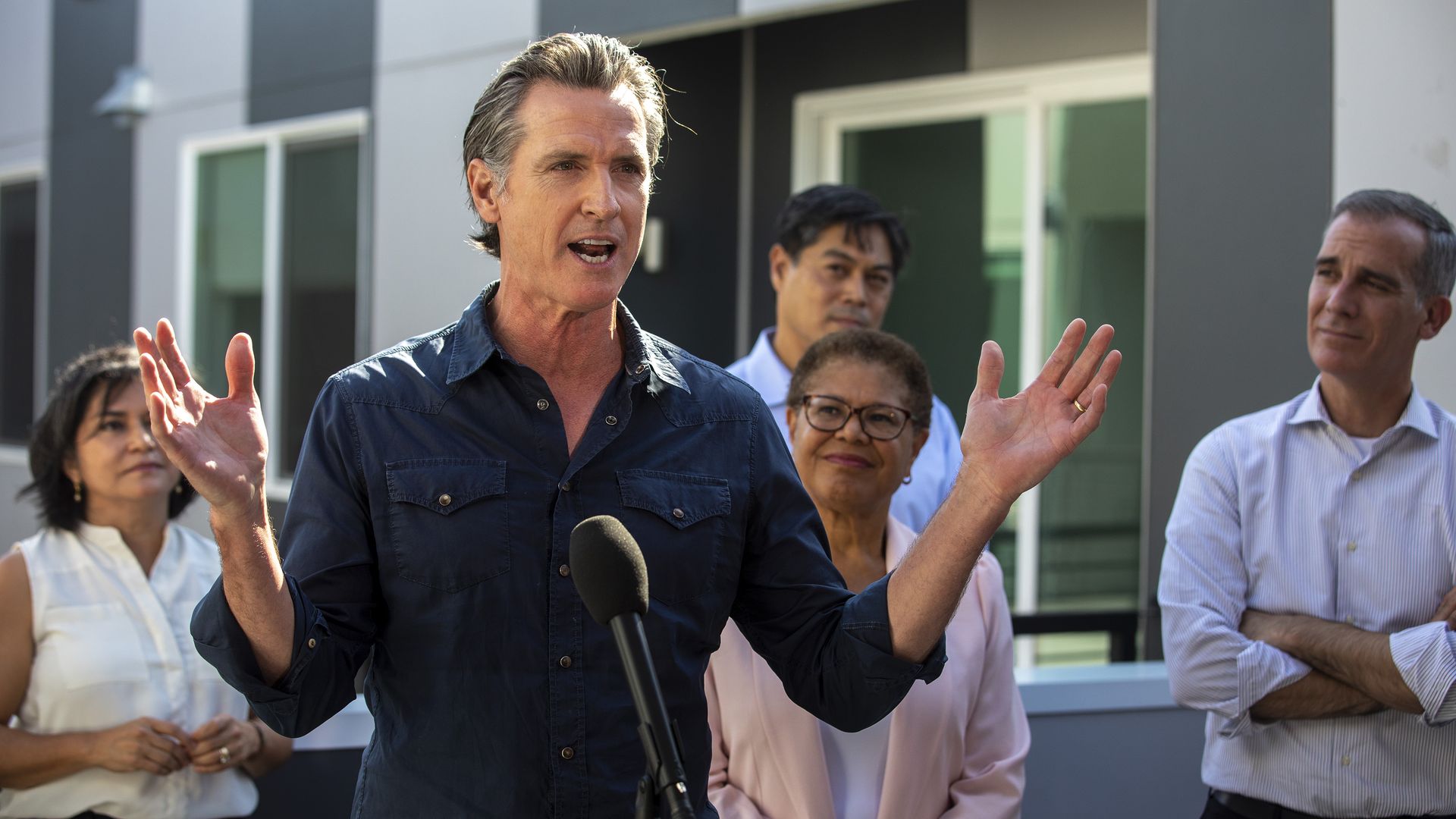 Gov. Gavin Newsom speaks a Homekey site to announce the latest round of awards for homeless housing projects across the state on Wednesday, Aug. 24, 2022