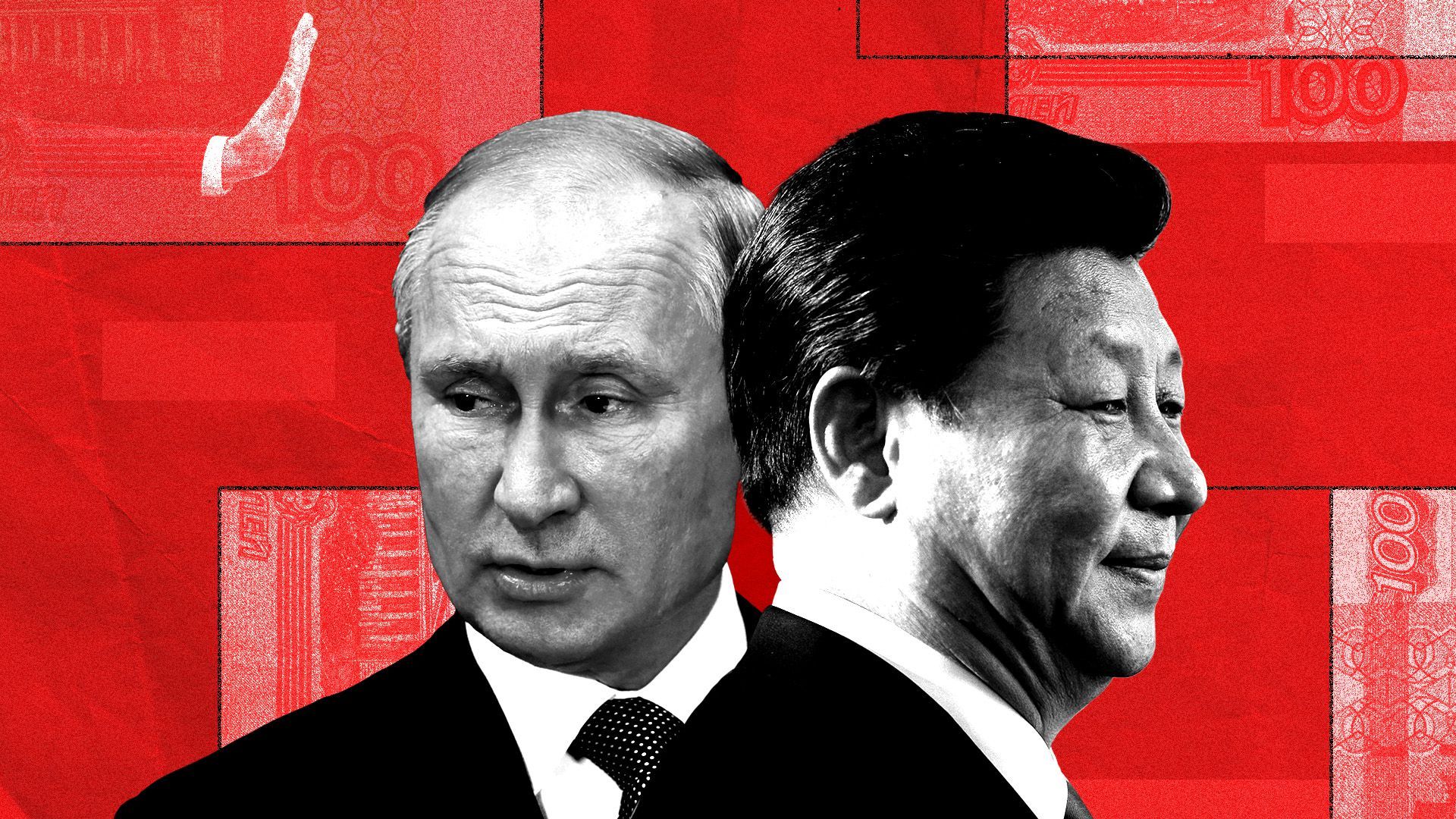 Photo illustration of Russian President Vladimir Putin and Chinese President Xi Jinping with Russian banknotes and an outstretched hand