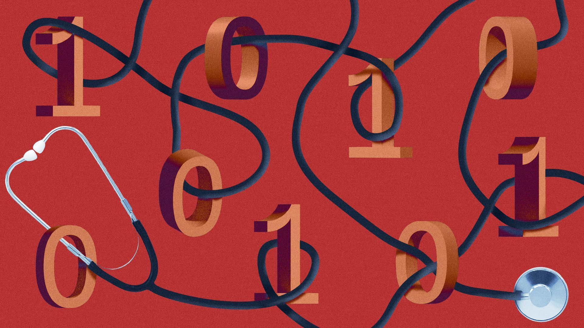 Illustration of a stethoscope tied in knots around binary numbers.