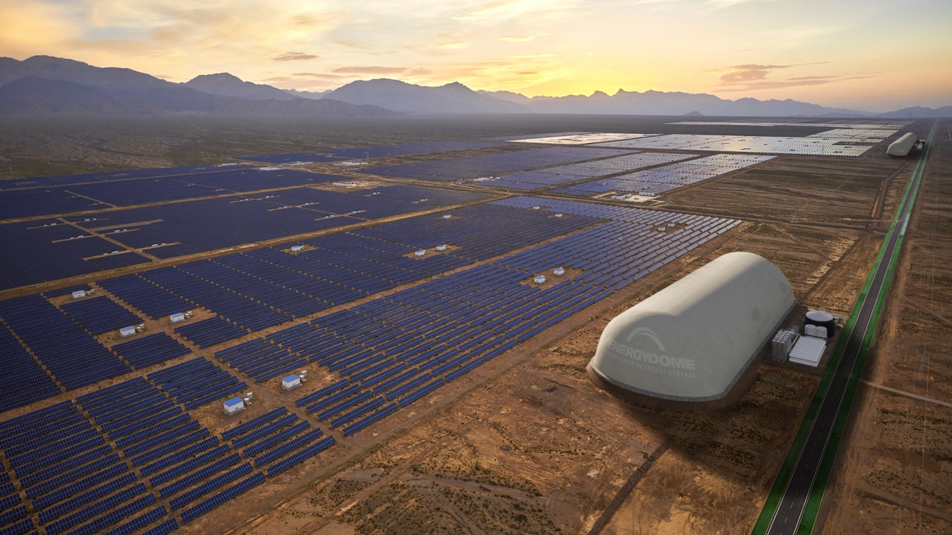 A vast solar farm with countless blue solar panels in a desert at sunset, large white energy storage domes labeled "Energy Dome," mountains in the background under a partly cloudy sky.