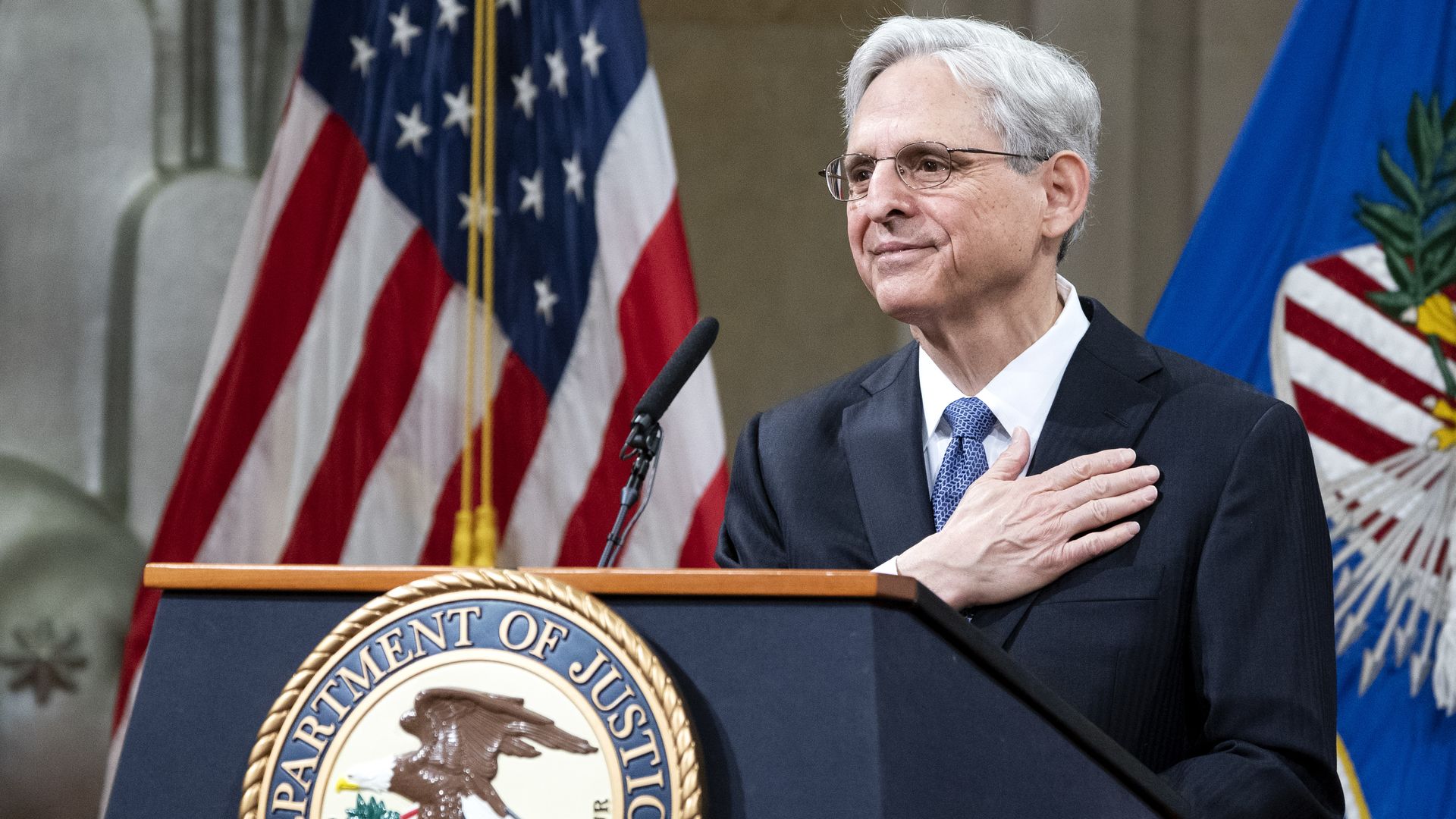 Attorney General Merrick Garland is seen addressing Justice Department employees during his first day in office.