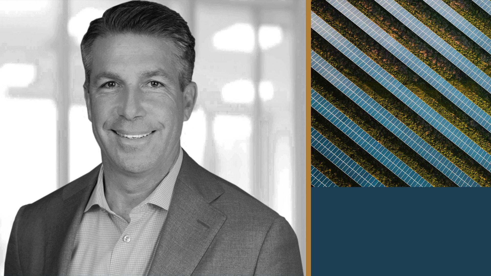 Photo illustration of Andrew Flanagan next to rows of solar panels and abtract shapes.