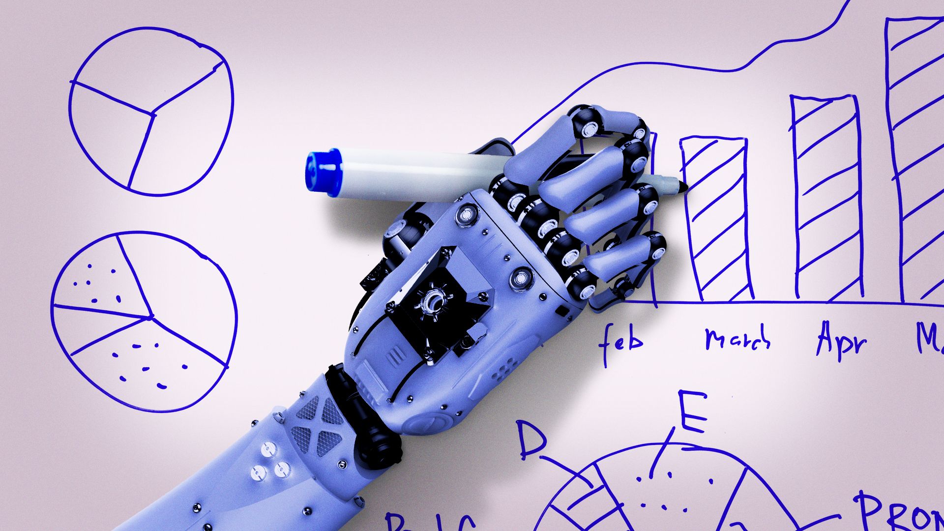 Illustration of a robot hand writing on a whiteboard. 