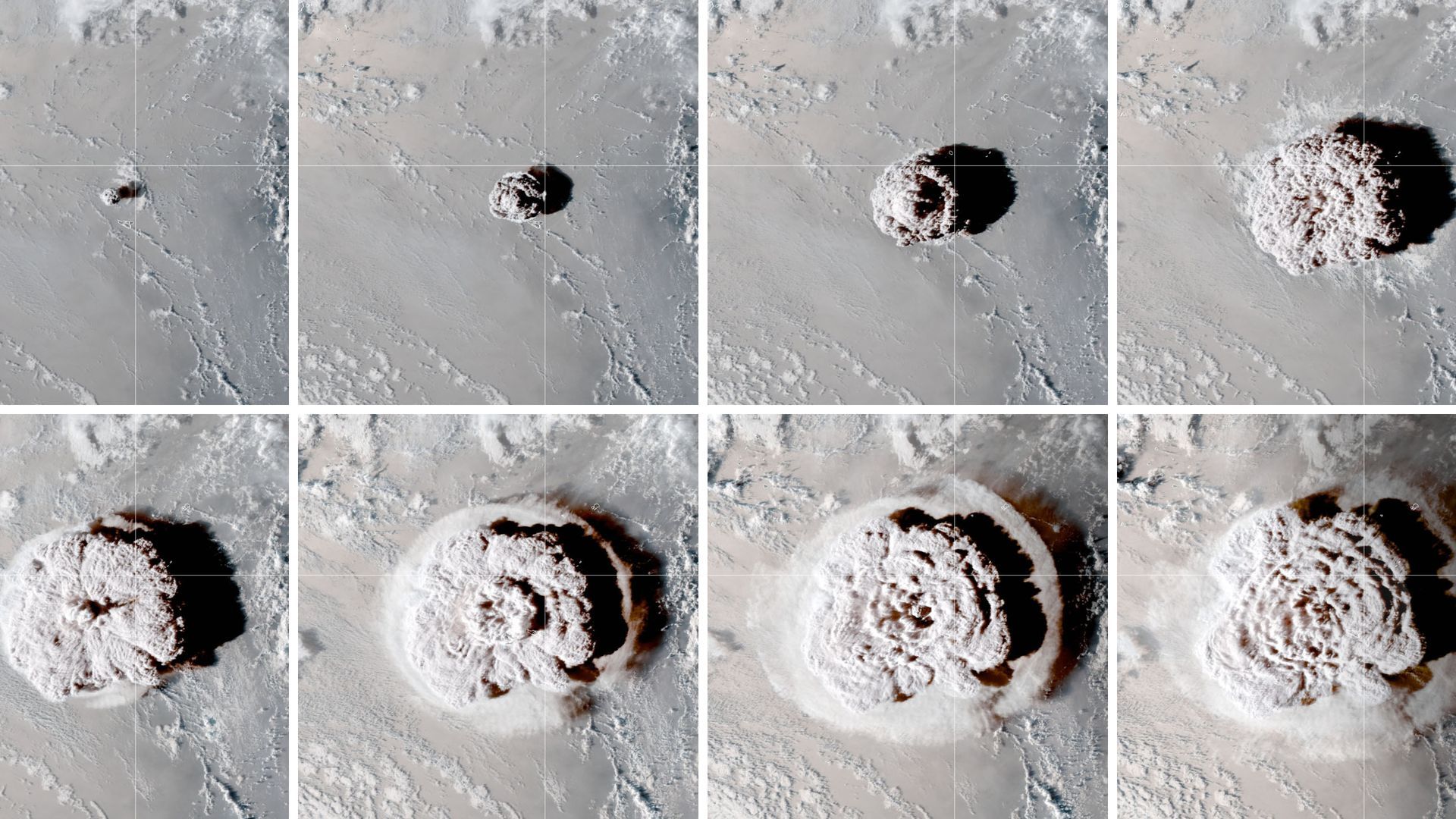 A series of photos depicting the volcano's eruption in mid-January.