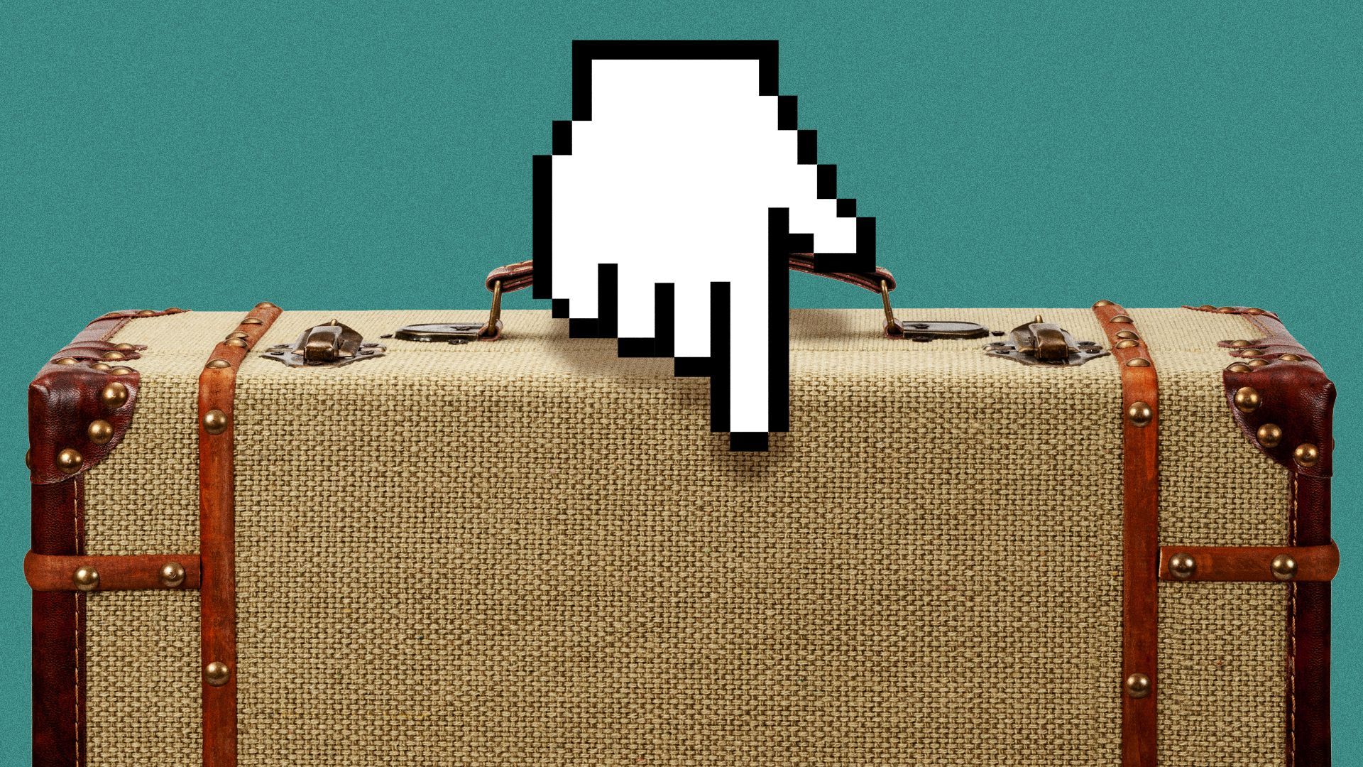 Illustration of a cursor hand holding a retro suitcase. 