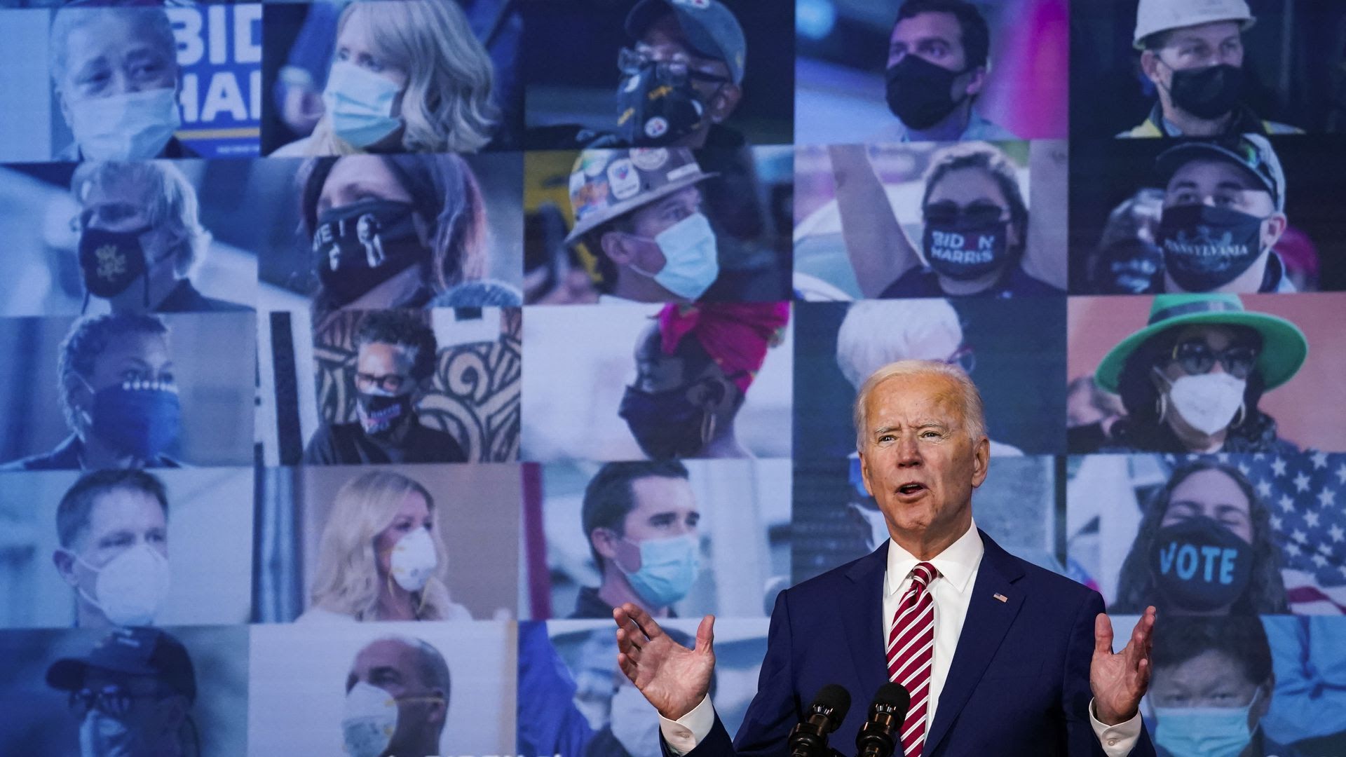 Joe Biden speaks yesterday about "The Biden Plan to Beat COVID-19," at The Queen theater in Wilmington, Del. Photo: Drew Angerer/Getty Images