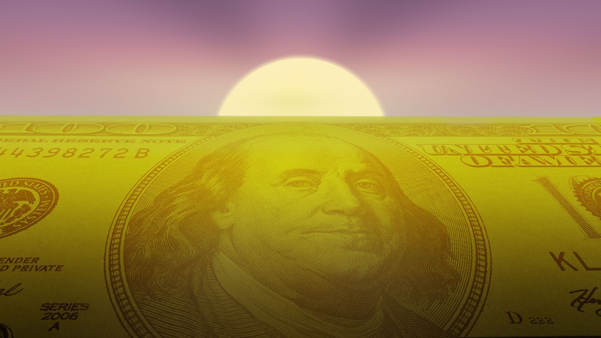 Illustration of sunset on a landscape made out of a hundred dollar bill