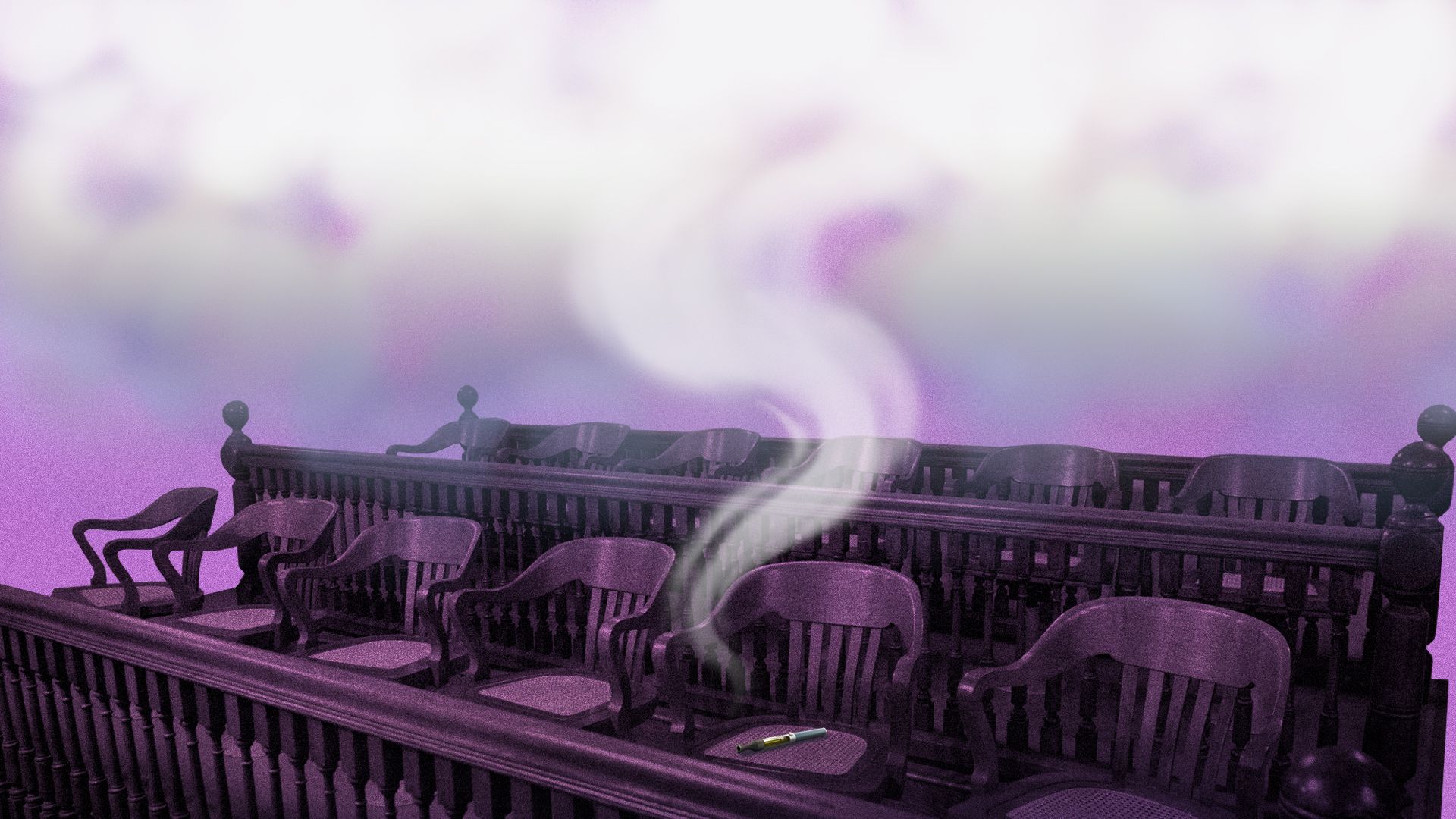 A row of jury chairs in a courtroom with one e-cigarette on a chair causing the air around the chairs to be smokey. 
