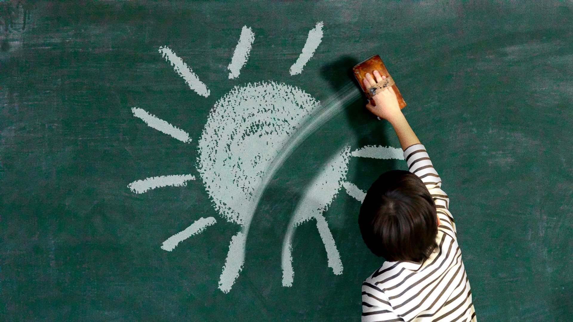 Illustration of a child erasing a sun on a chalkboard. 