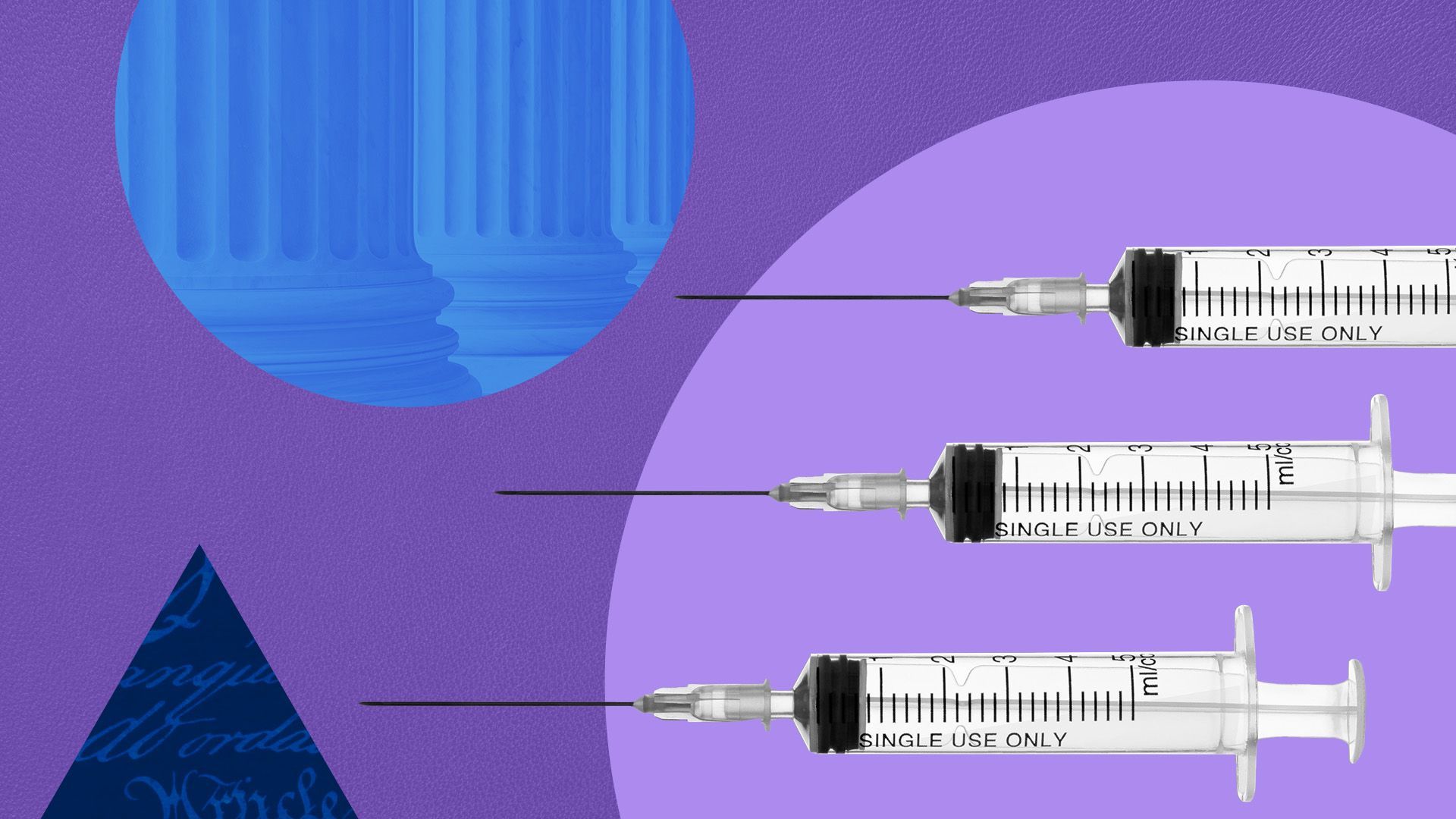 an illustration of three vaccines surrounded by circles and legal imagery 