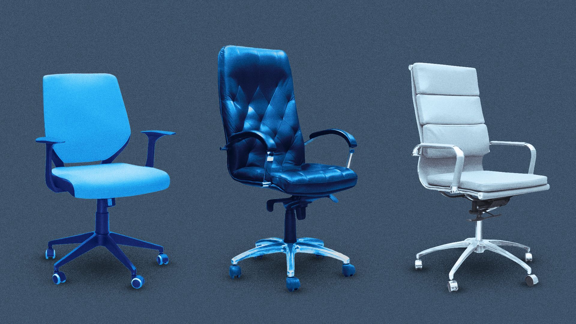 Illustration of three different kinds of office chairs in shades of blue. 