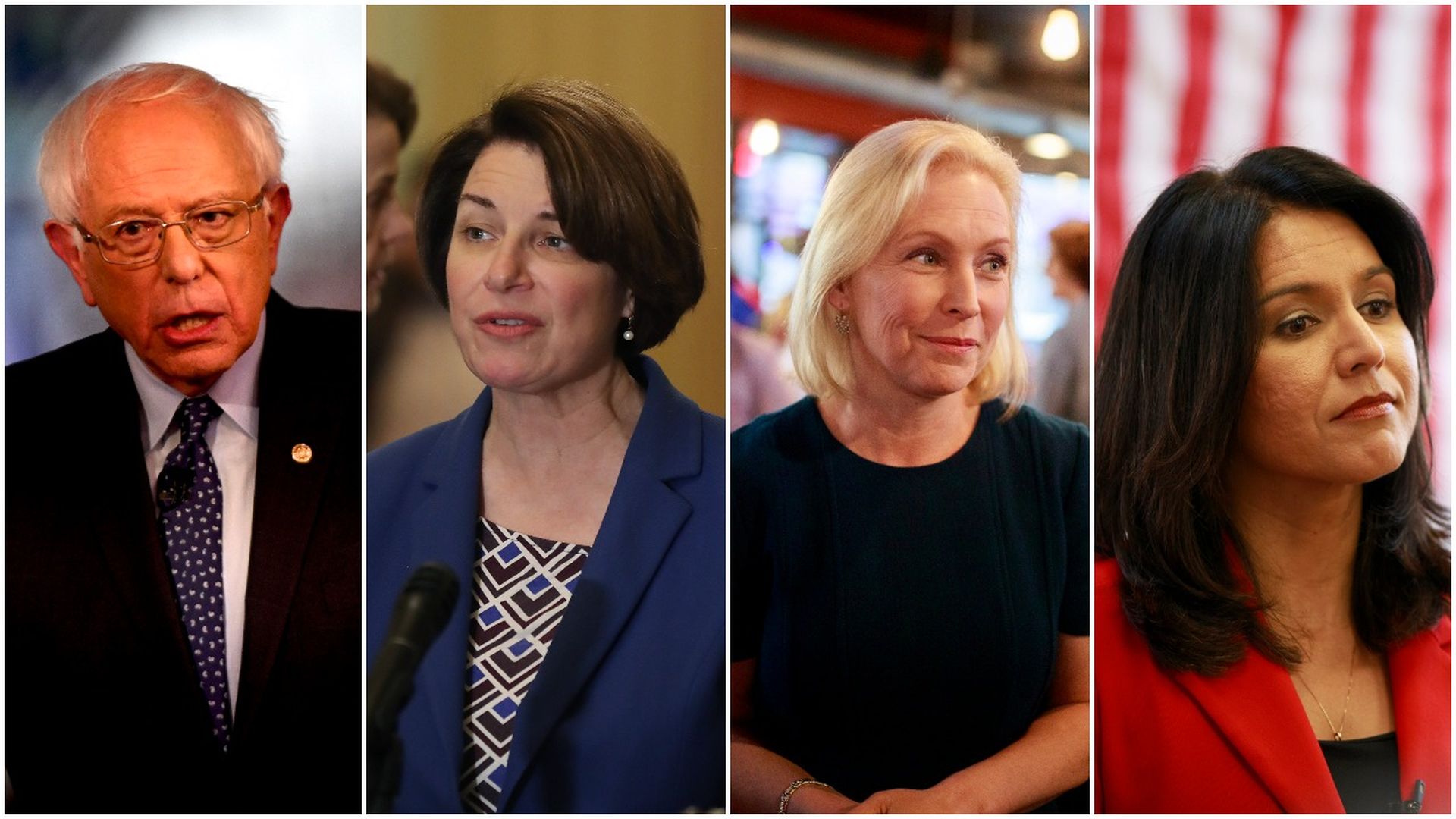 This image is a four-way split screen of the following candidates from left to right: Bernie Sanders, Amy Klobuchar, Kirsten Gillibrand, and Tulsi Gabbard.