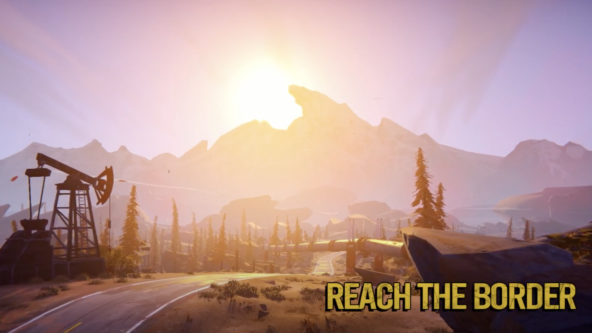 Video game screenshot of an advertisement that shows a road at sunset, with text on screen that states "reach the border"