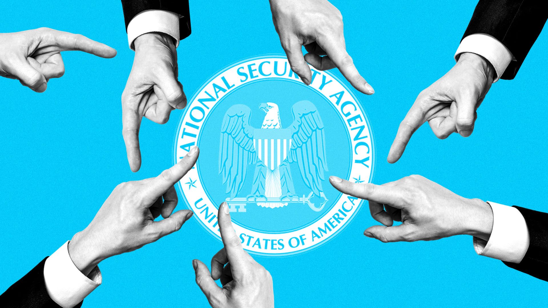 Illustration of fingers pointing across the NSA logo