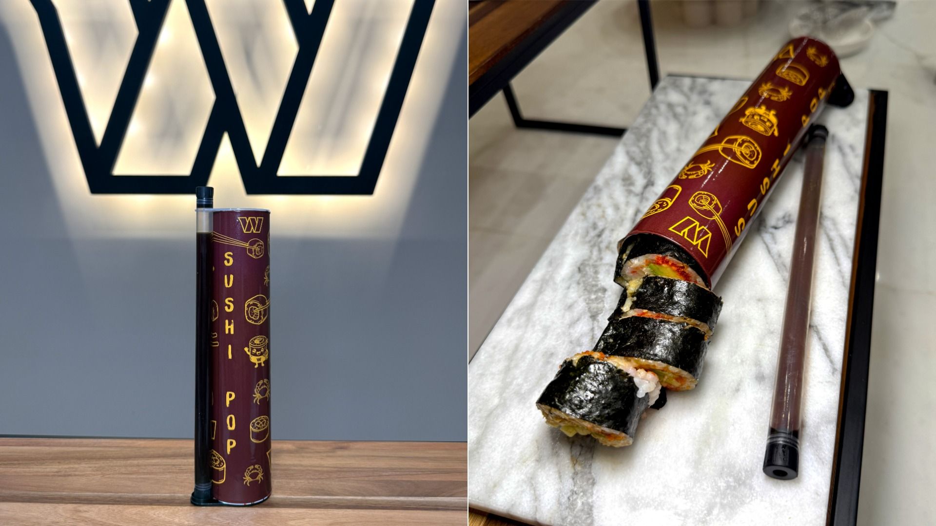 Two-panel image: left - tall maroon sushi-roller tube with "SUSHI POP" and yellow icons on a wooden counter; right - sliced sushi roll wrapped in seaweed on a marble surface.