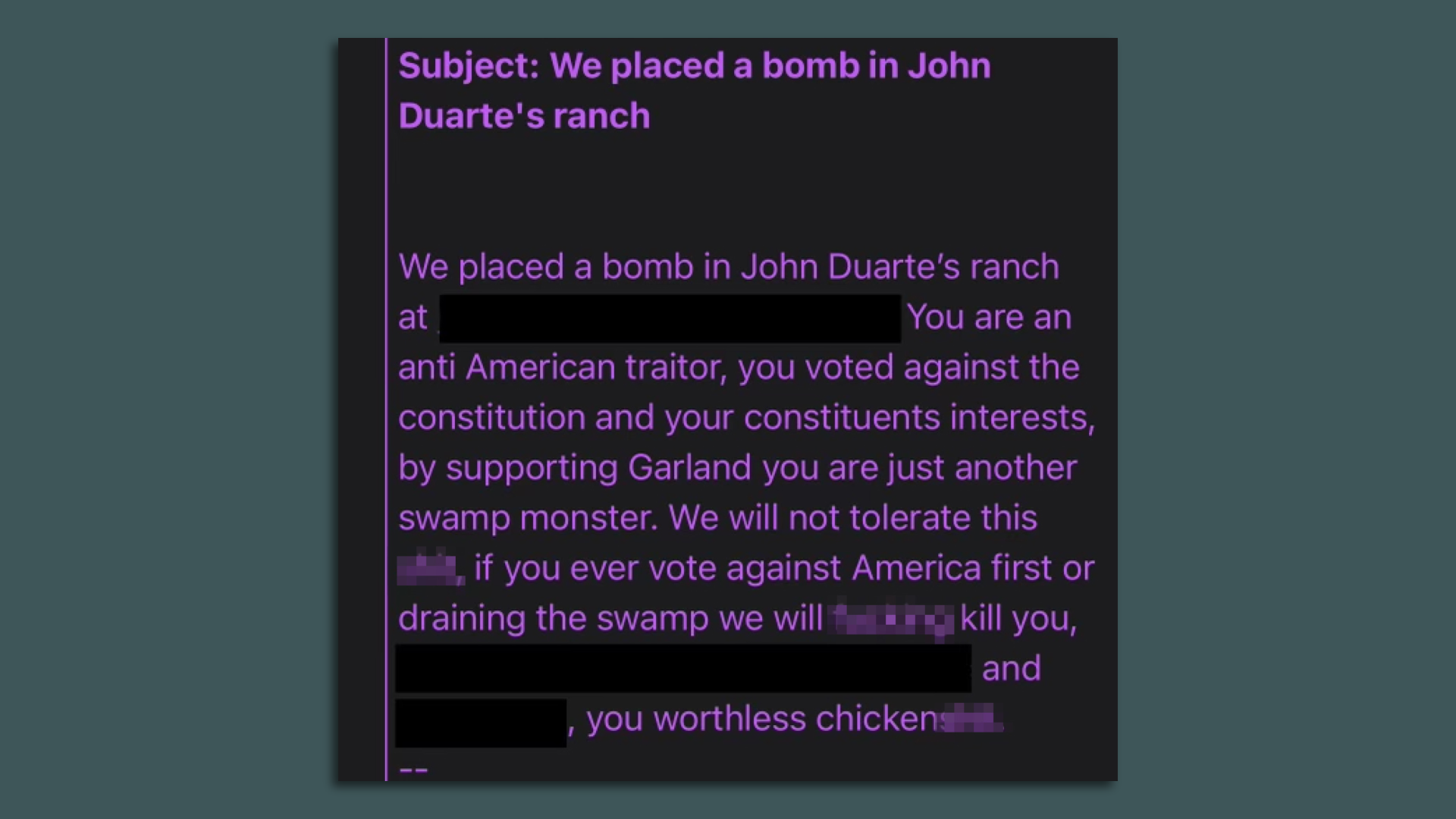 A bomb threat directed at Rep. John Duarte.