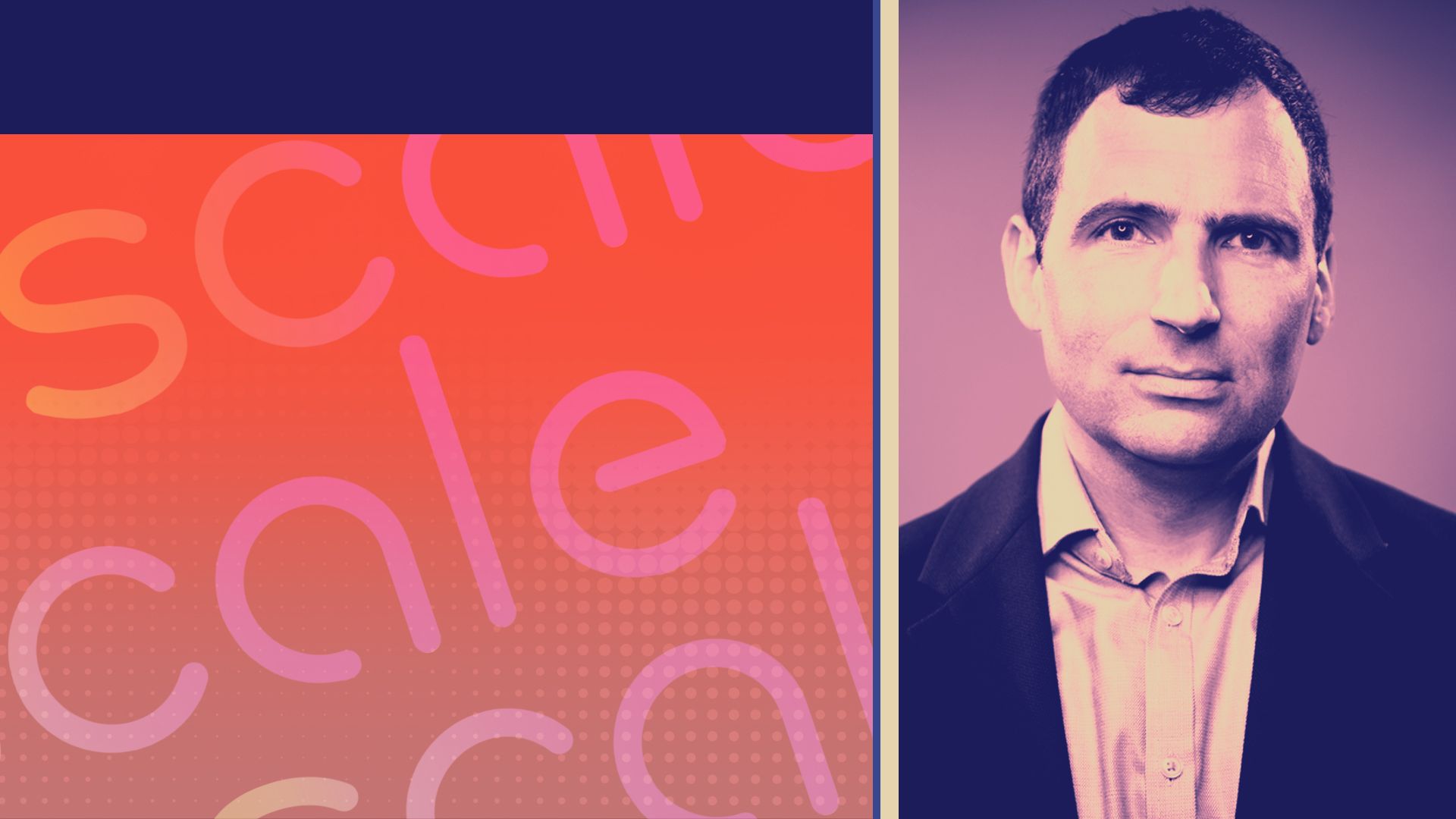 Photo illustration of Christopher Kirchhoff of Scale AI next to a pattern of Scale logos and blocks of color