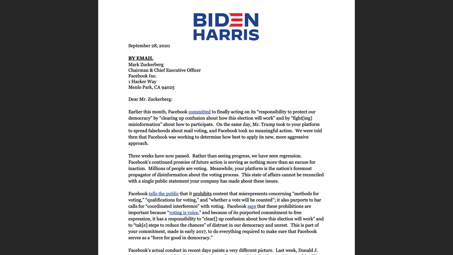 Biden letter to Facebook CEO Mark Zuckerberg