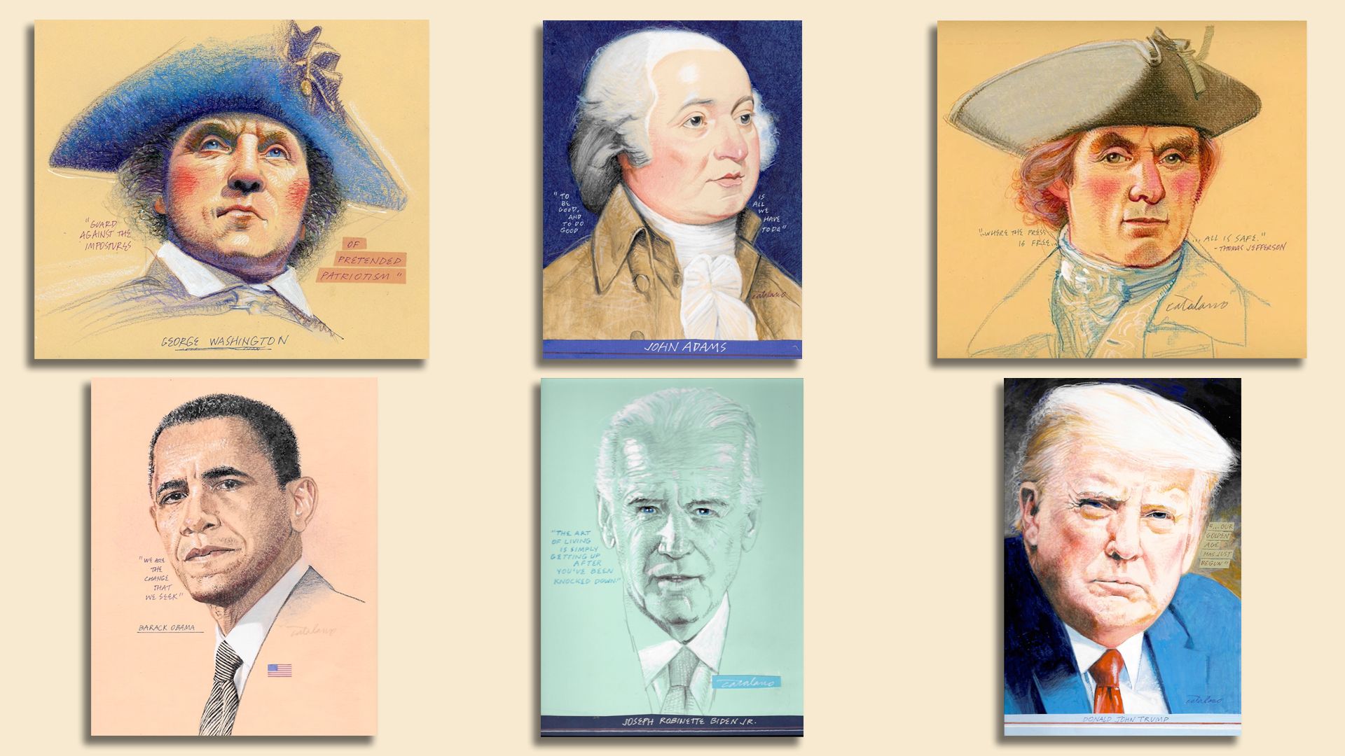 Six vintage-style portraits of U.S. political figures in a 3x2 grid on tan backgrounds, sketched in colored-pencil style.
