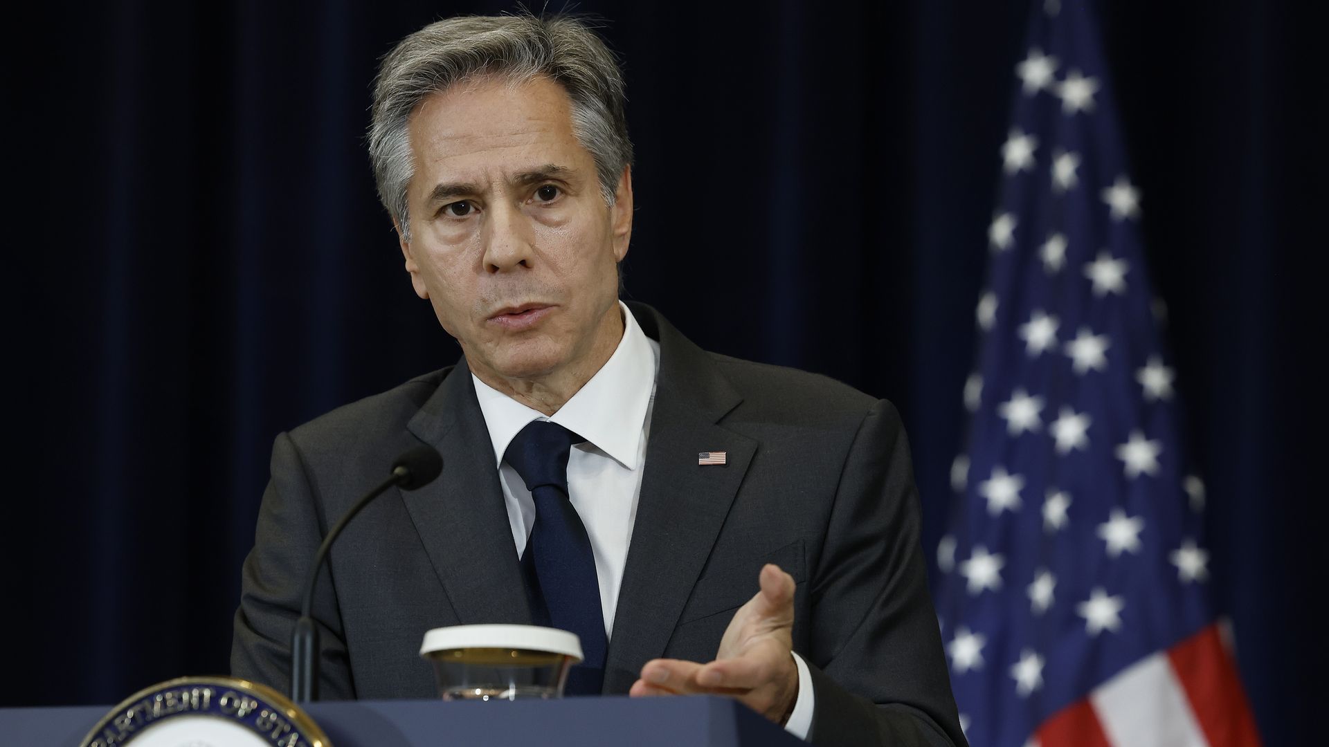 Secretary of State Anotny Blinken answers a reporter's question during a news conference at the State Department on October 13, 2022 in Washington, DC.