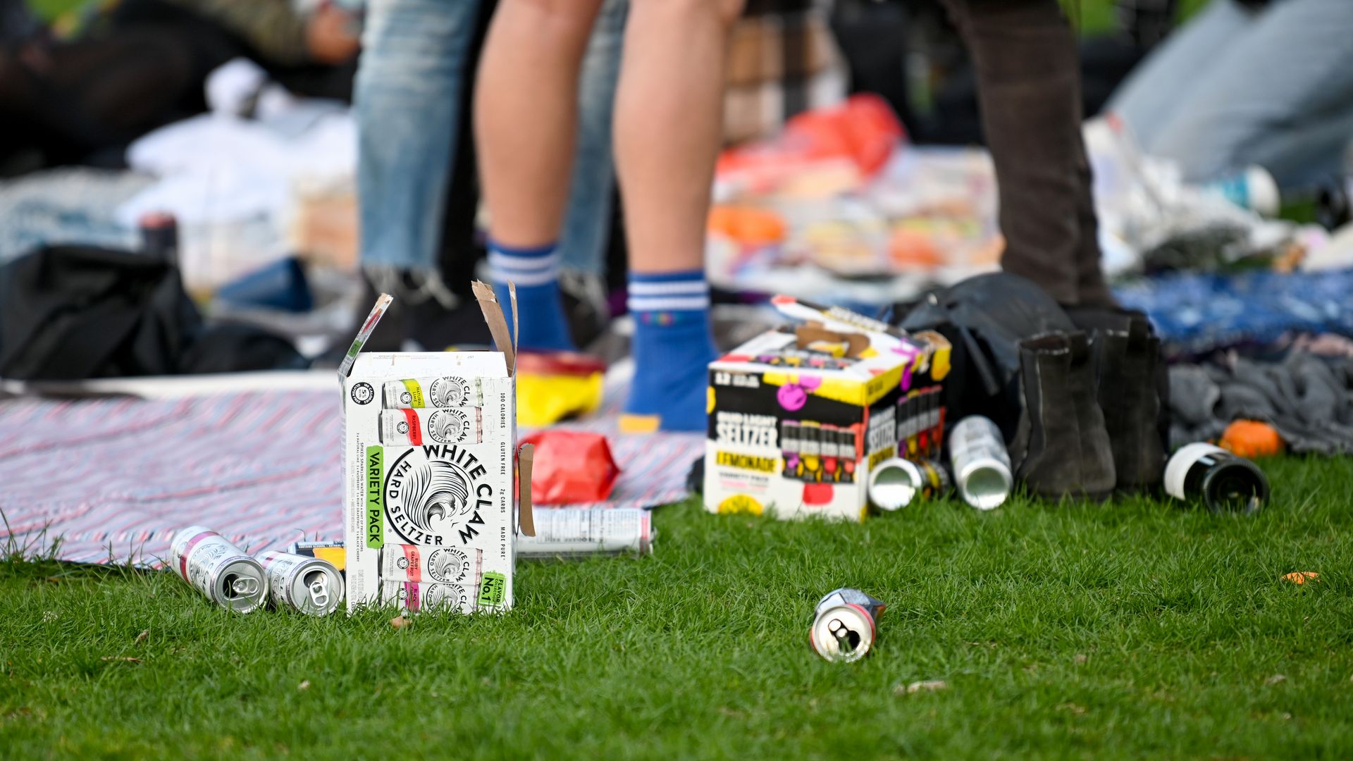 Empty cans of White Claw hard seltzer at an Easter party in New York's Central Park. 