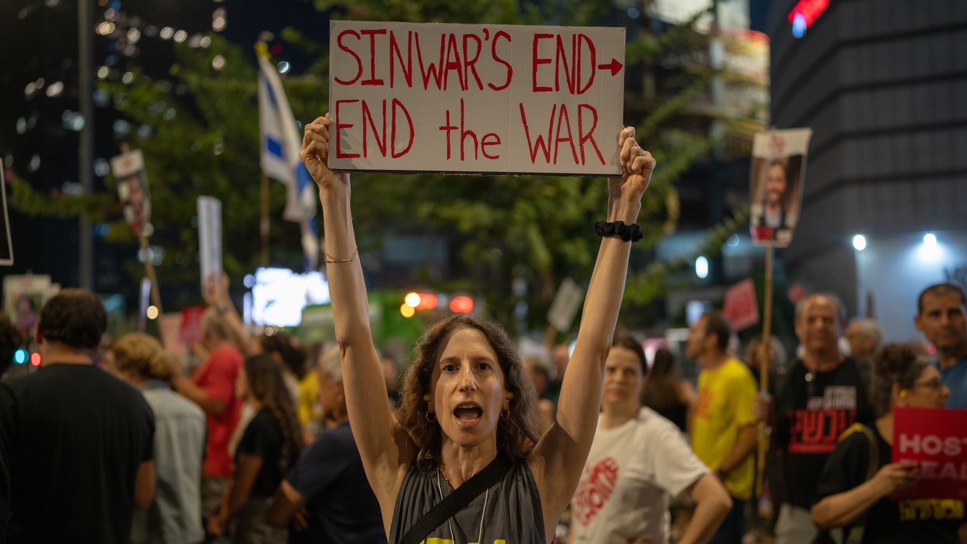 Families of the Israeli hostages taken by Hamas, and there supporters take part in a protest calling for their release from Hamas captivity after the Israeli deceleration about the killing of Leader of the Palestinian Islamist movement Hamas Yahya Sinwar. 