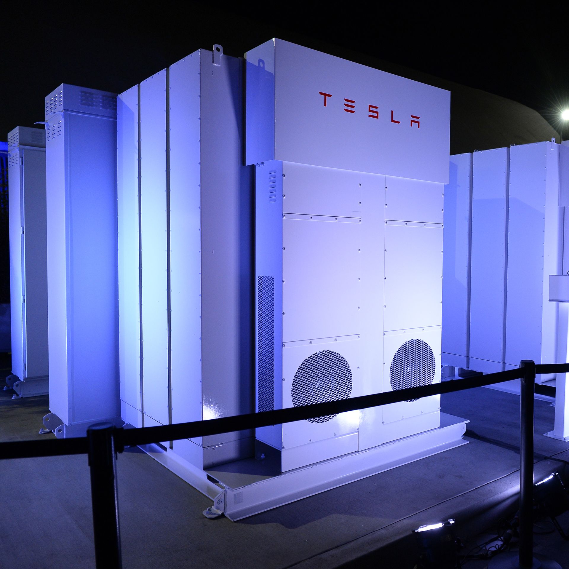 The Powerpack system which powered the news conference in seen after Elon Musk, CEO of Tesla unveiled suit of batteries for homes, businesses, and utilities at Tesla Design Studio 