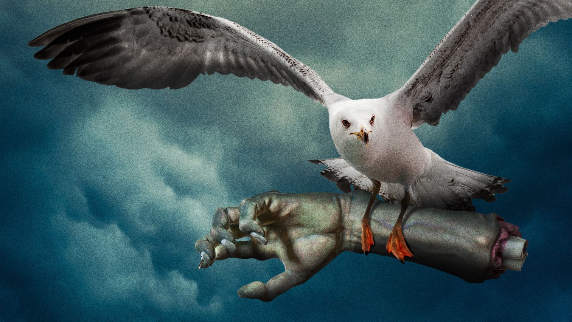 Illustration of a seagull flying away with a zombie arm. 