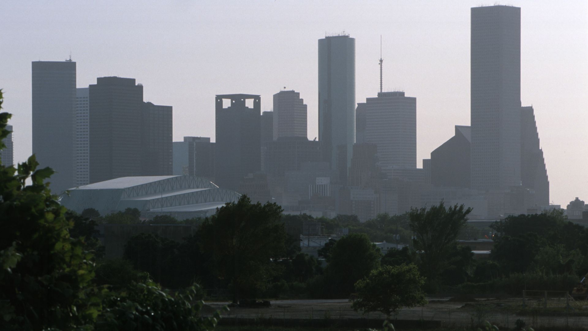 Photo of a skyline that is hazy. Forefront with greenery. 