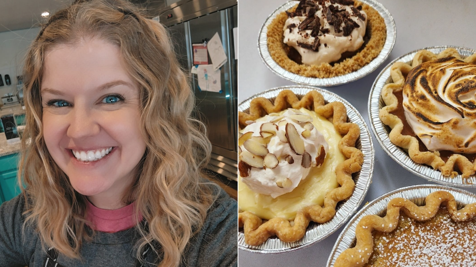 Laura wearing an apron in her bakery and a flight of four pies on the right