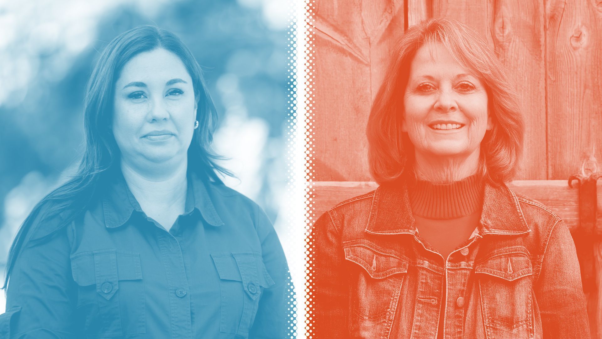 Photo illustration of state Rep. Yadira Caraveo and state Sen. Barbara Kirkmeyer with a halftone dividing line
