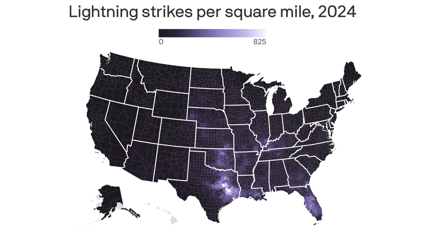 The states with the most lightning strikes