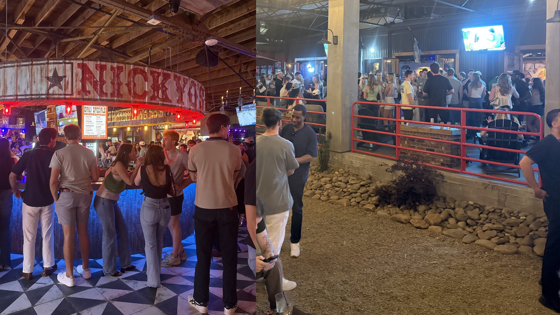 Two-part nightlife scene: left shows a crowded bar under red neon lights with a checkered floor; right shows a raised crowd area behind a red railing, stone landscaping, and a TV screen overhead.