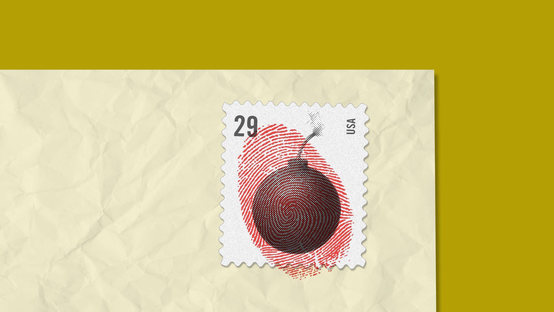 An illustration of a bomb on a stamp with a red fingerprint over it 