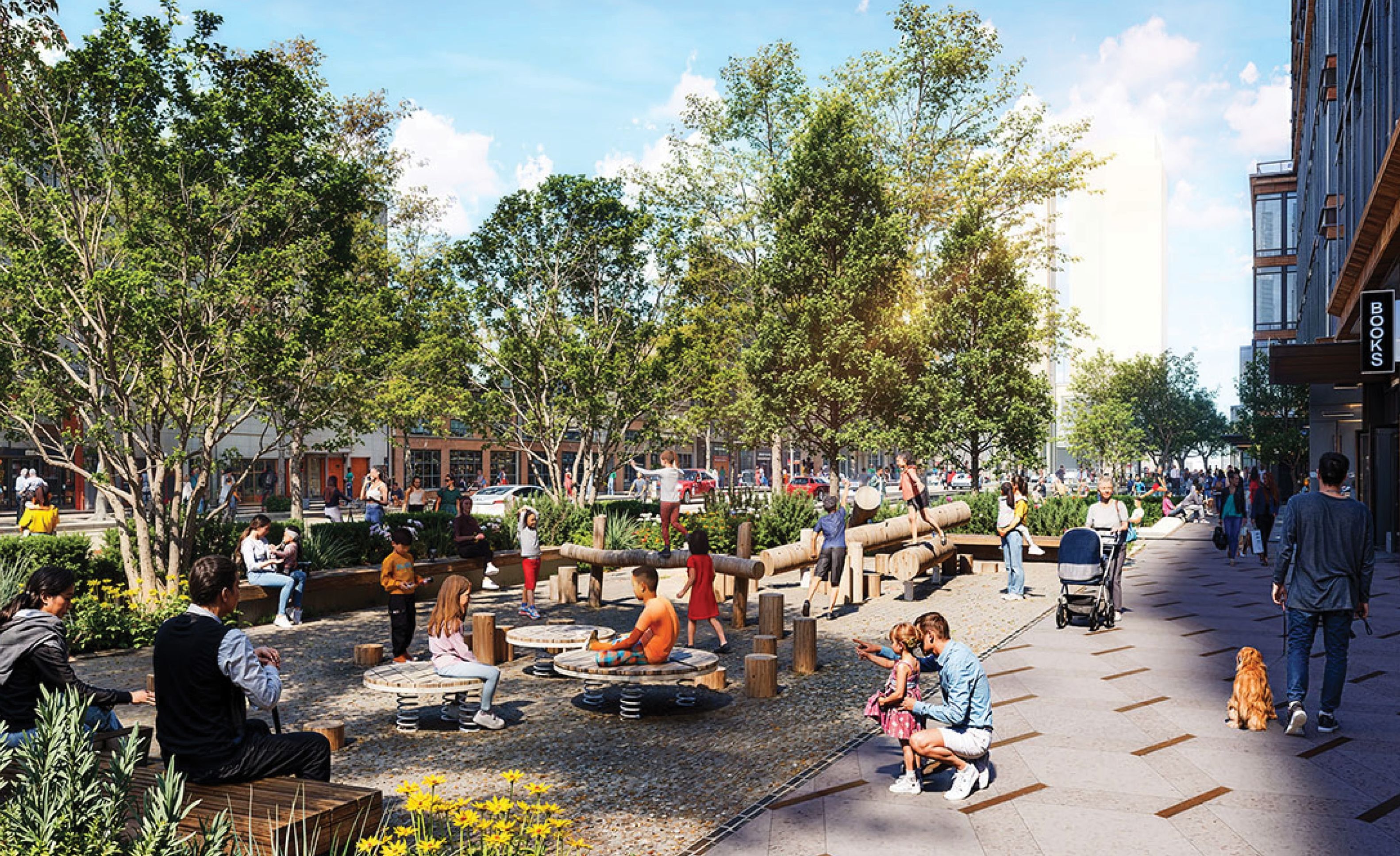 Busy city park on a sunny day: people play on wooden playground structures, sit on benches, stroll with strollers, a dog on a leash, and storefronts along a tree-lined street; blue sky overhead.