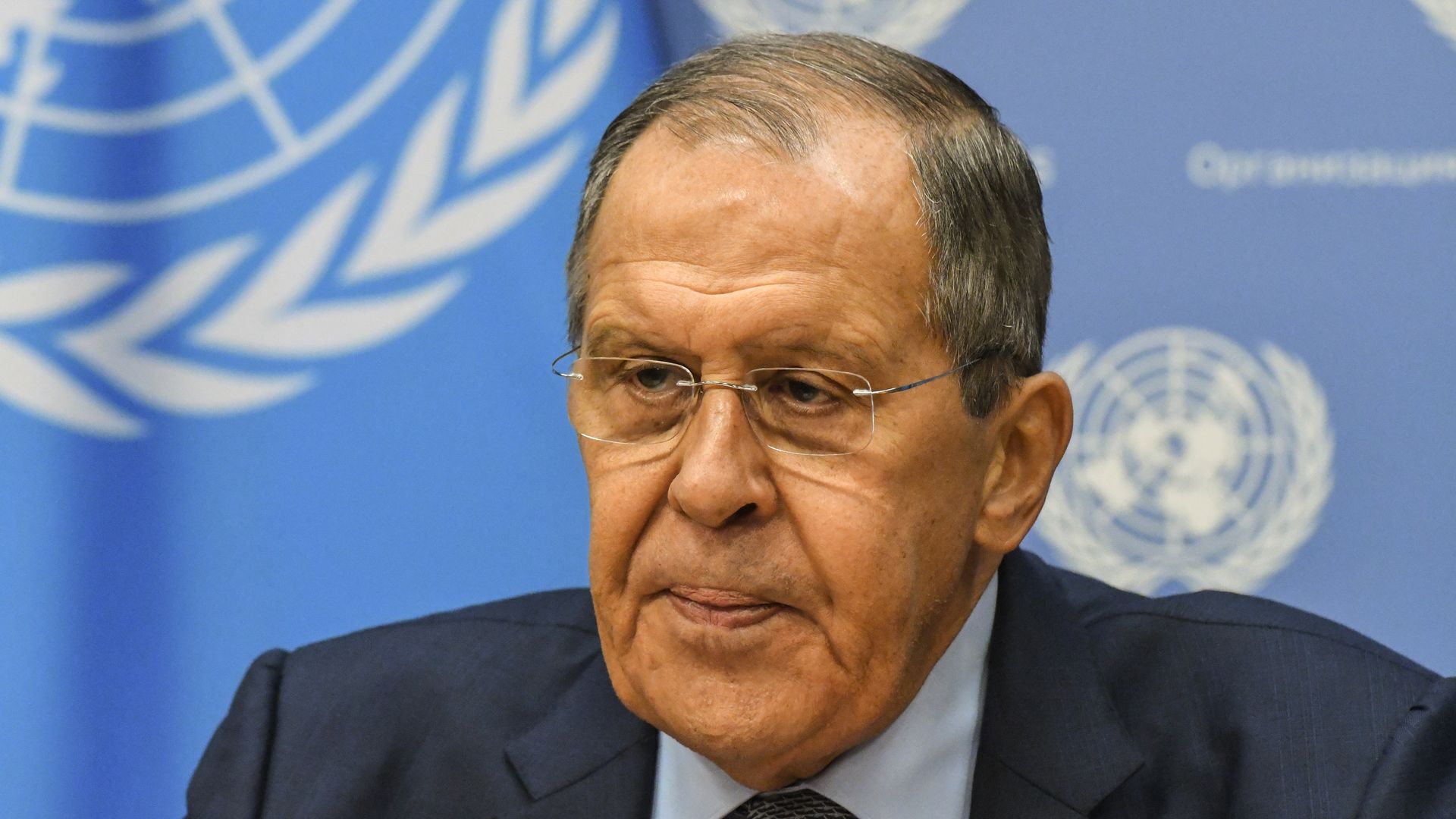 Sergey Lavrov holds a press conference during the 77th session of the United Nations General Assembly