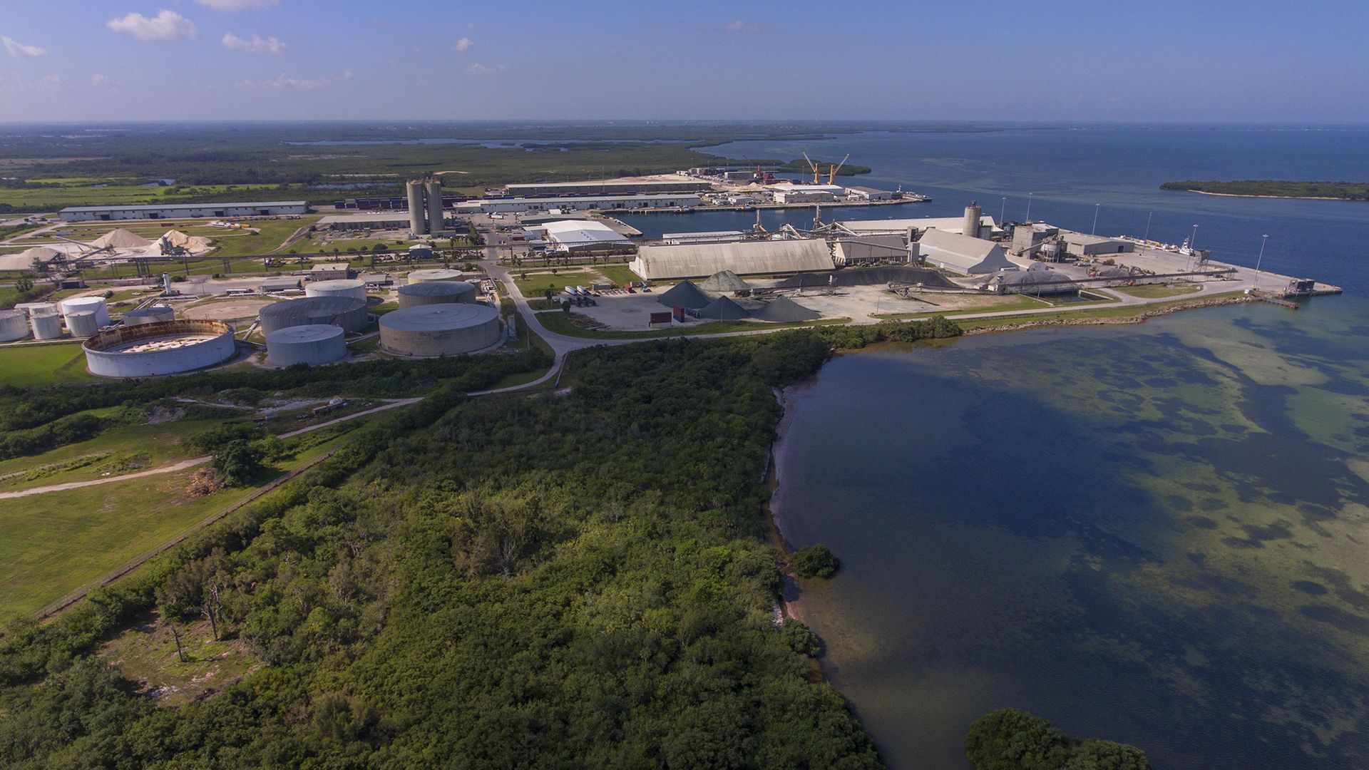An aerial view of Tampa Bay near Port Manatee in Palmetto, Florida Tuesday, May 4, 2021.