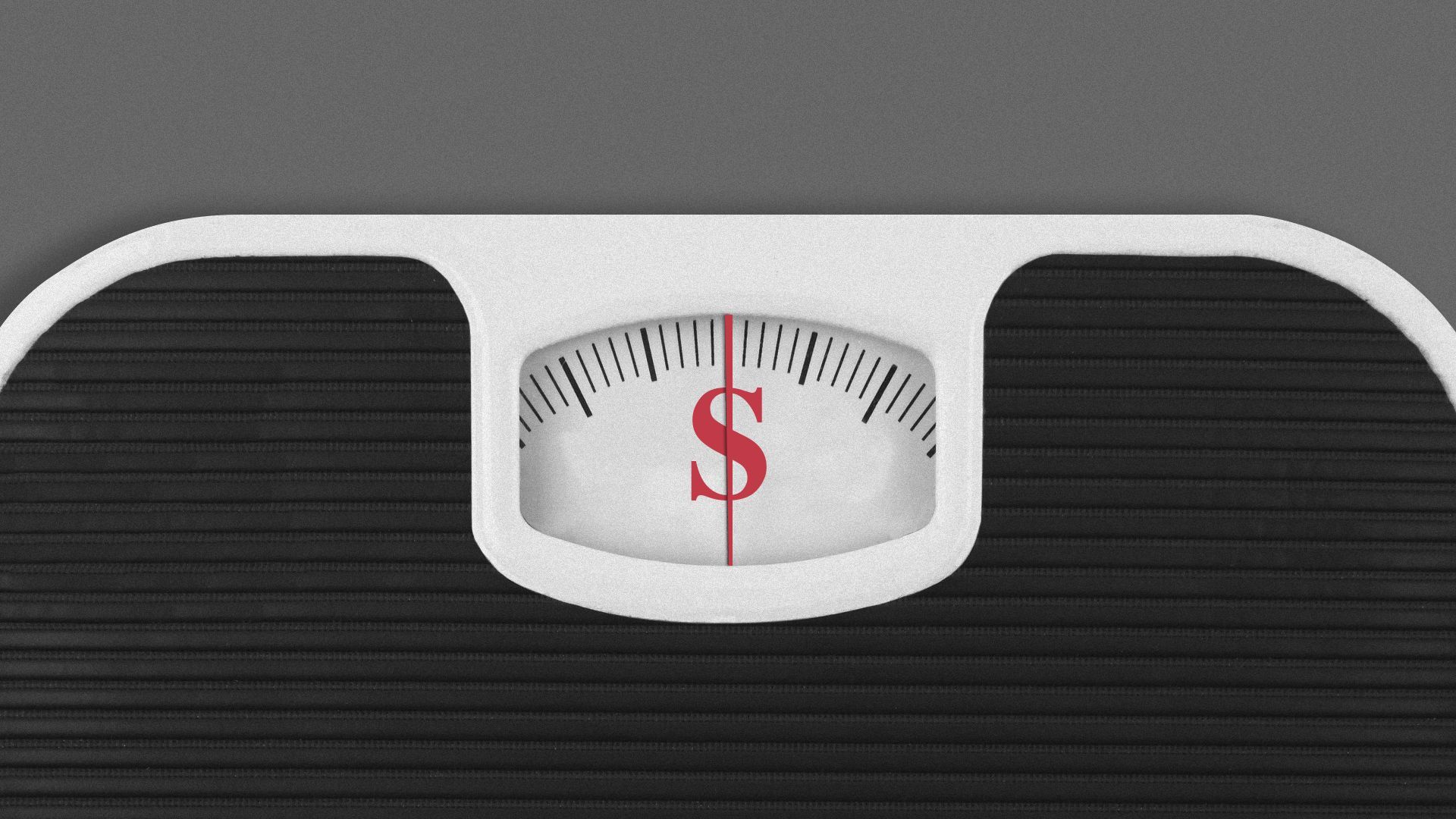 Illustration of a bathroom scale with a dollar sign formed by the indicator in the weight scale window. 
