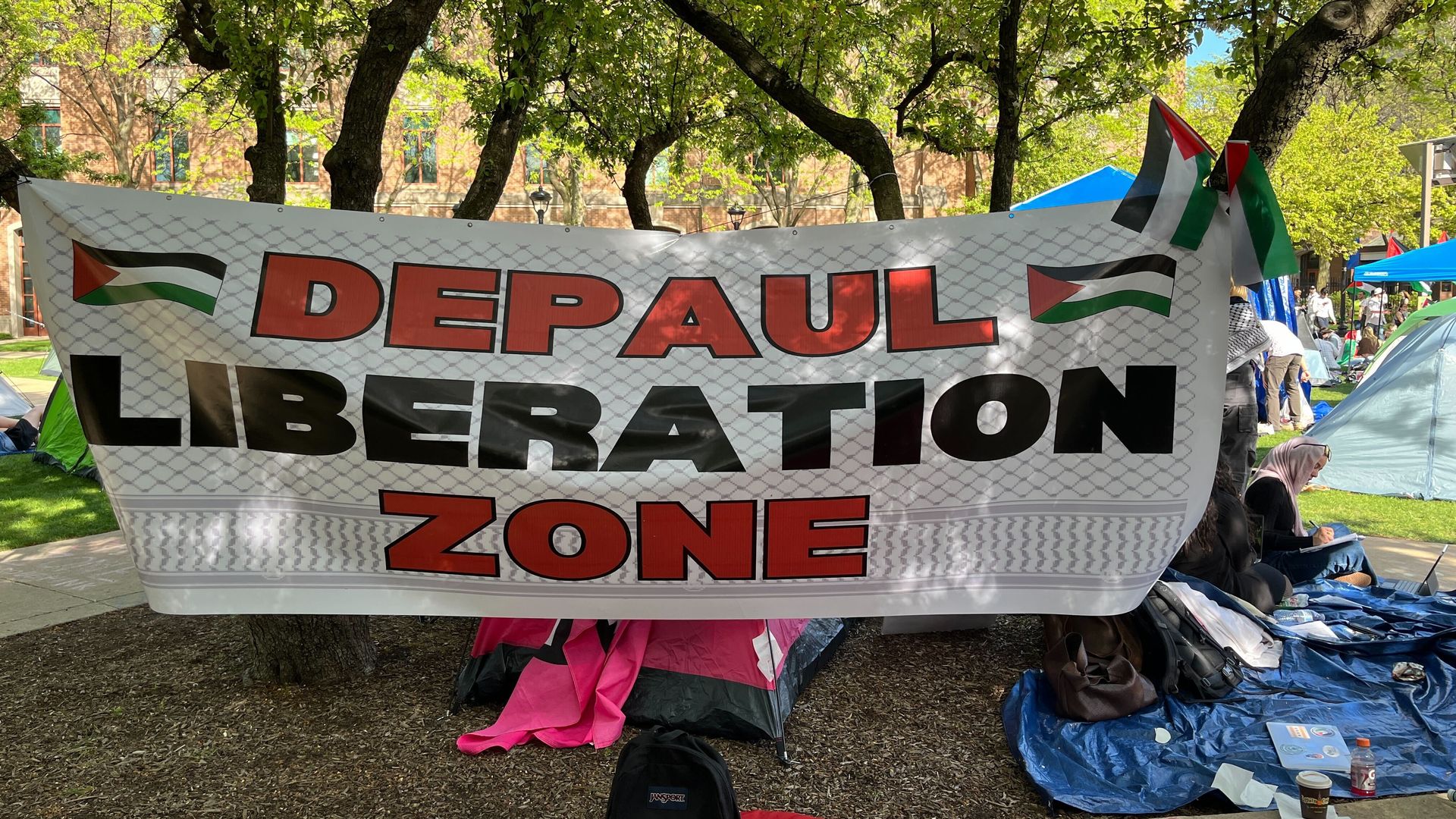 Photo of a banner that says "DePaul Liberation Zone" 