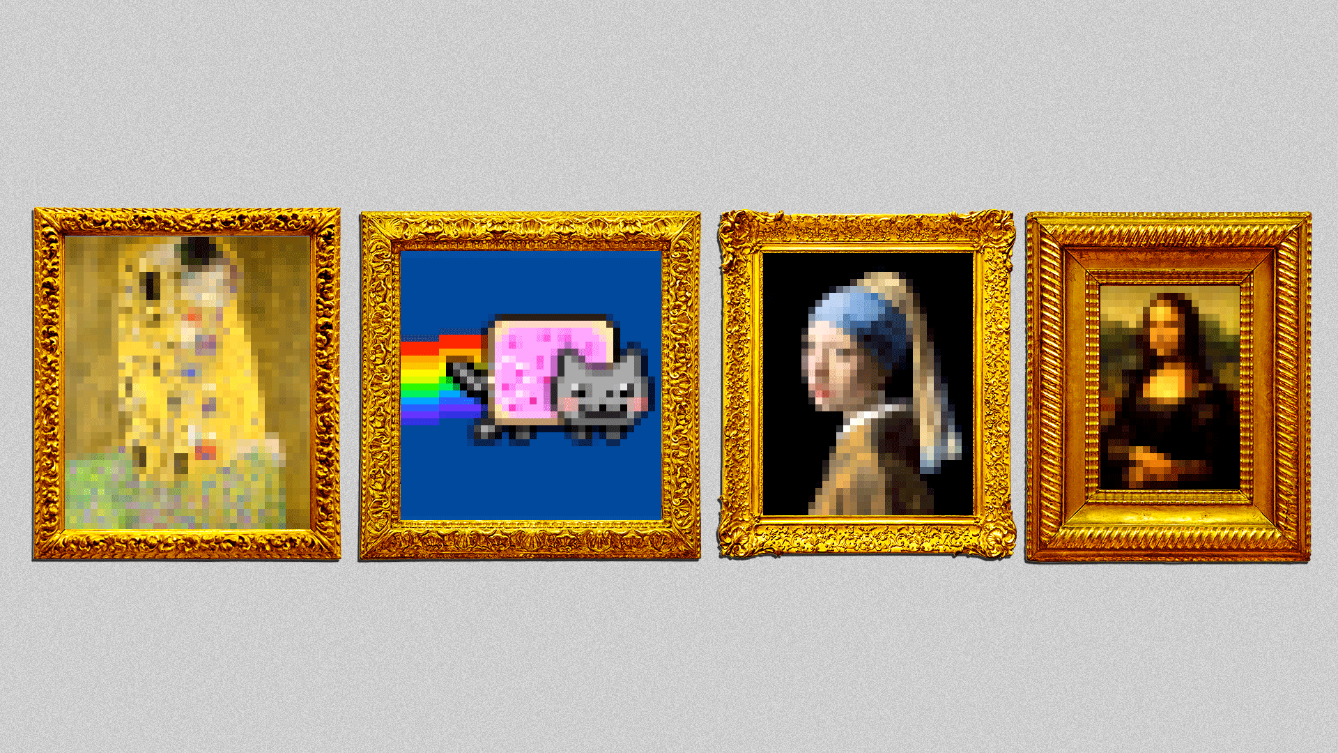 Illustration of famous paintings and nyan cat stylized as 8-bit pieces of art hanging in fancy frames.