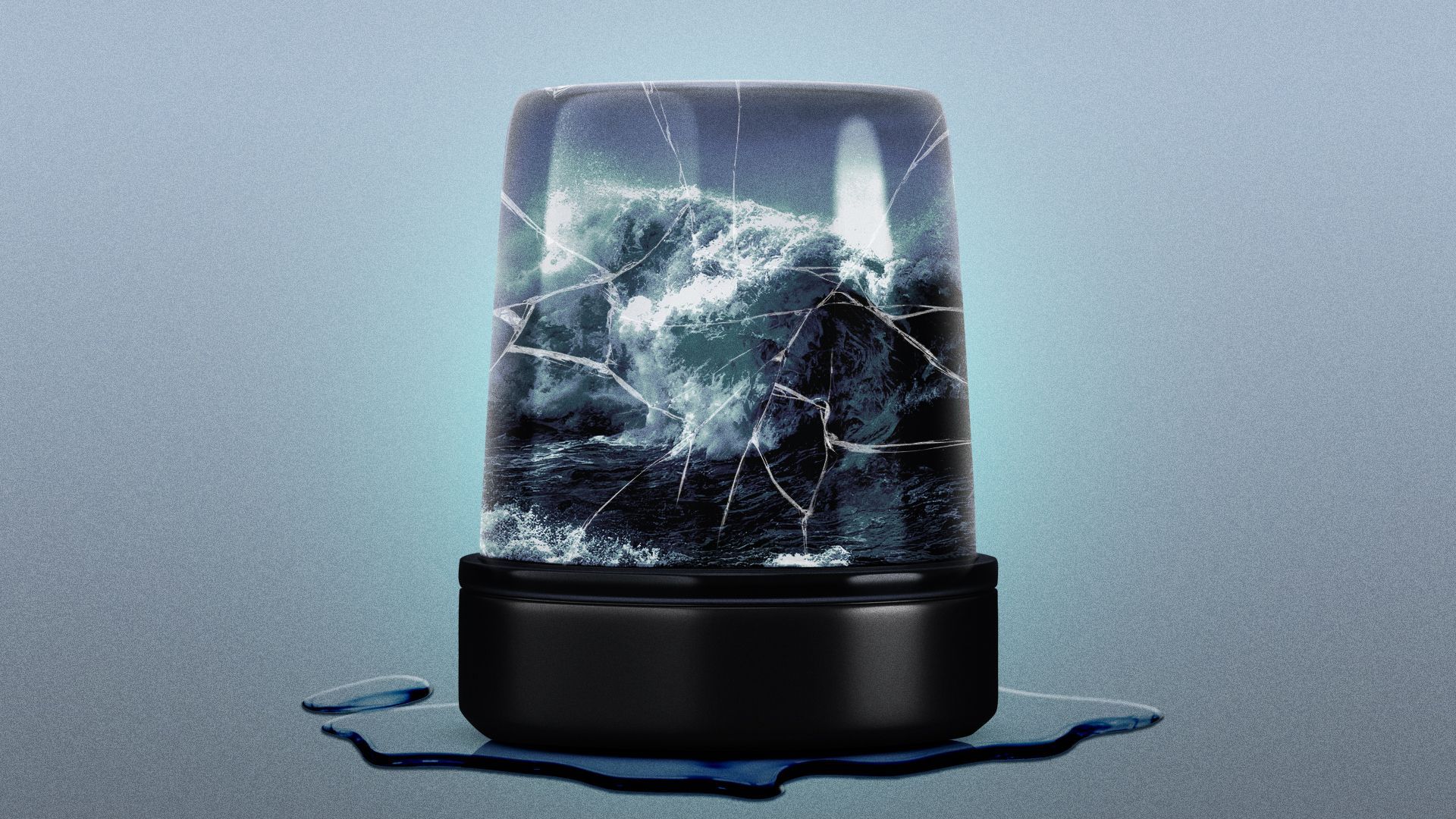 Illustration of a cracked emergency siren with a large ocean wave inside.