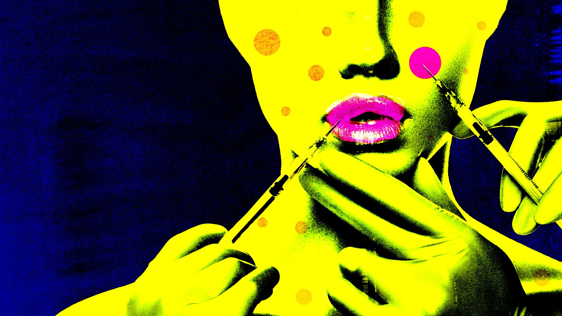 Illustration of gloved hands injecting someone's face with needles with abstract shapes and textures.