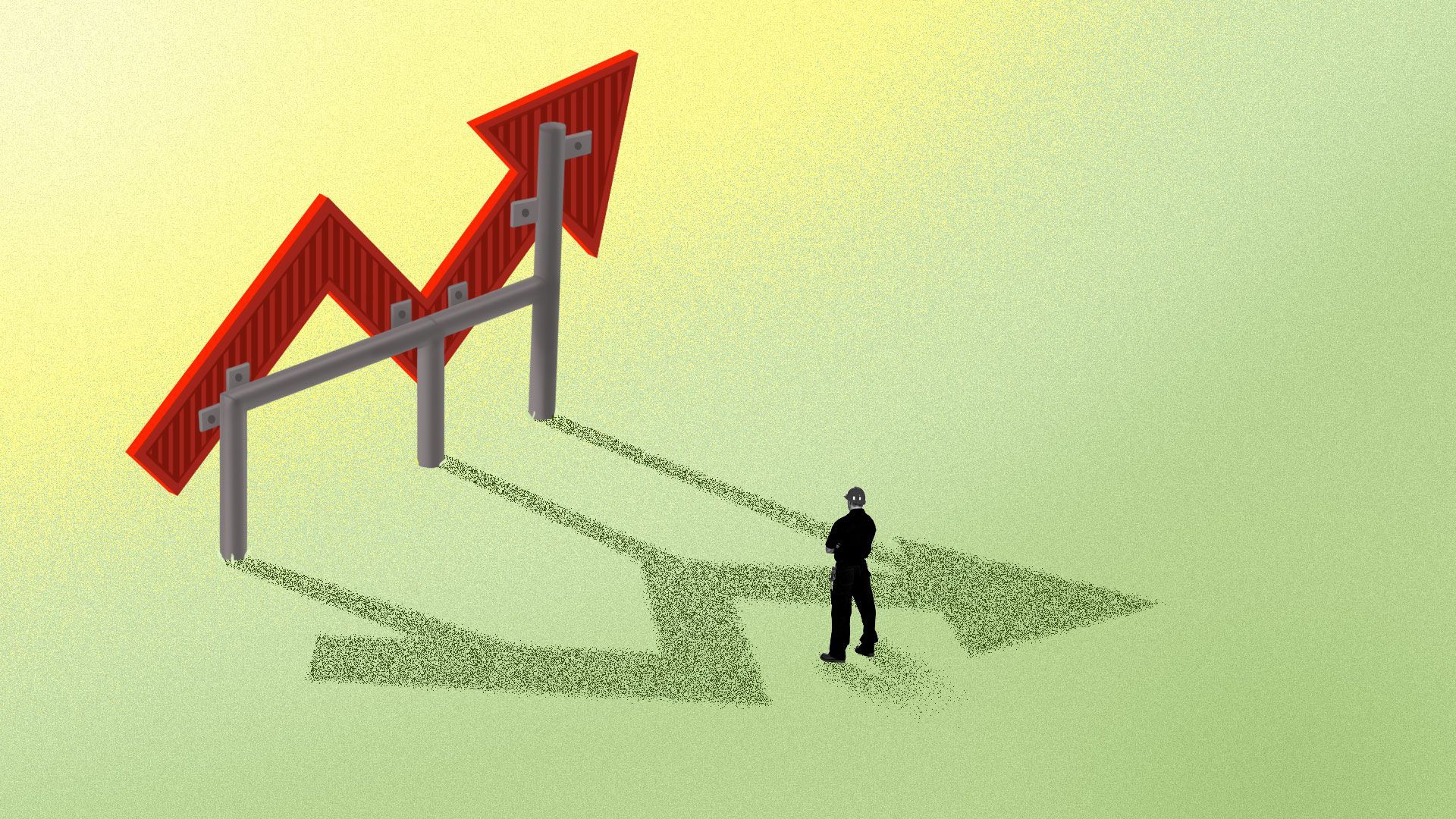 A person standing under the shadow of a sign holding an upward trend symbol