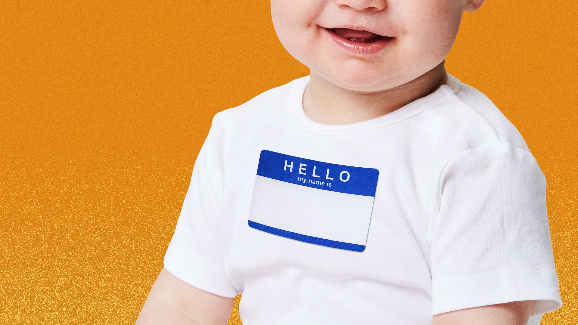 Illustration of a baby wearing a "hello my name is" sticker. 