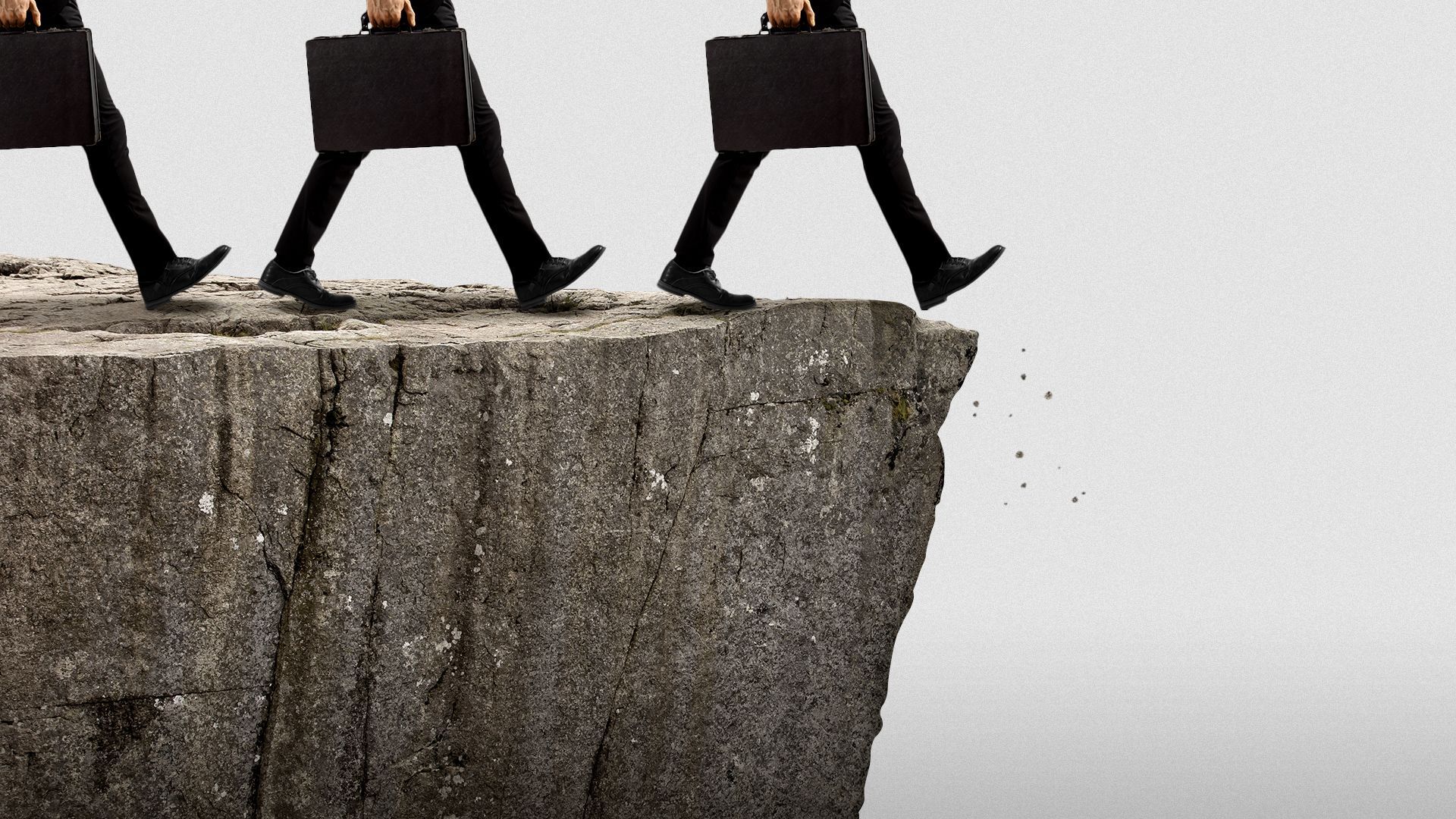 Illustration of business people confidently walking off of a cliff. 