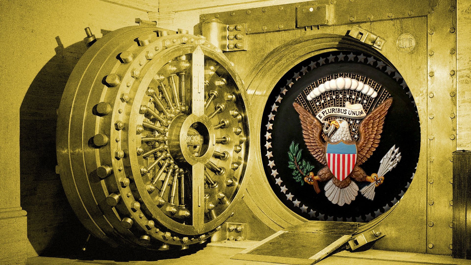 Illustration of an open bank vault with the U.S. Presidential Seal inside.