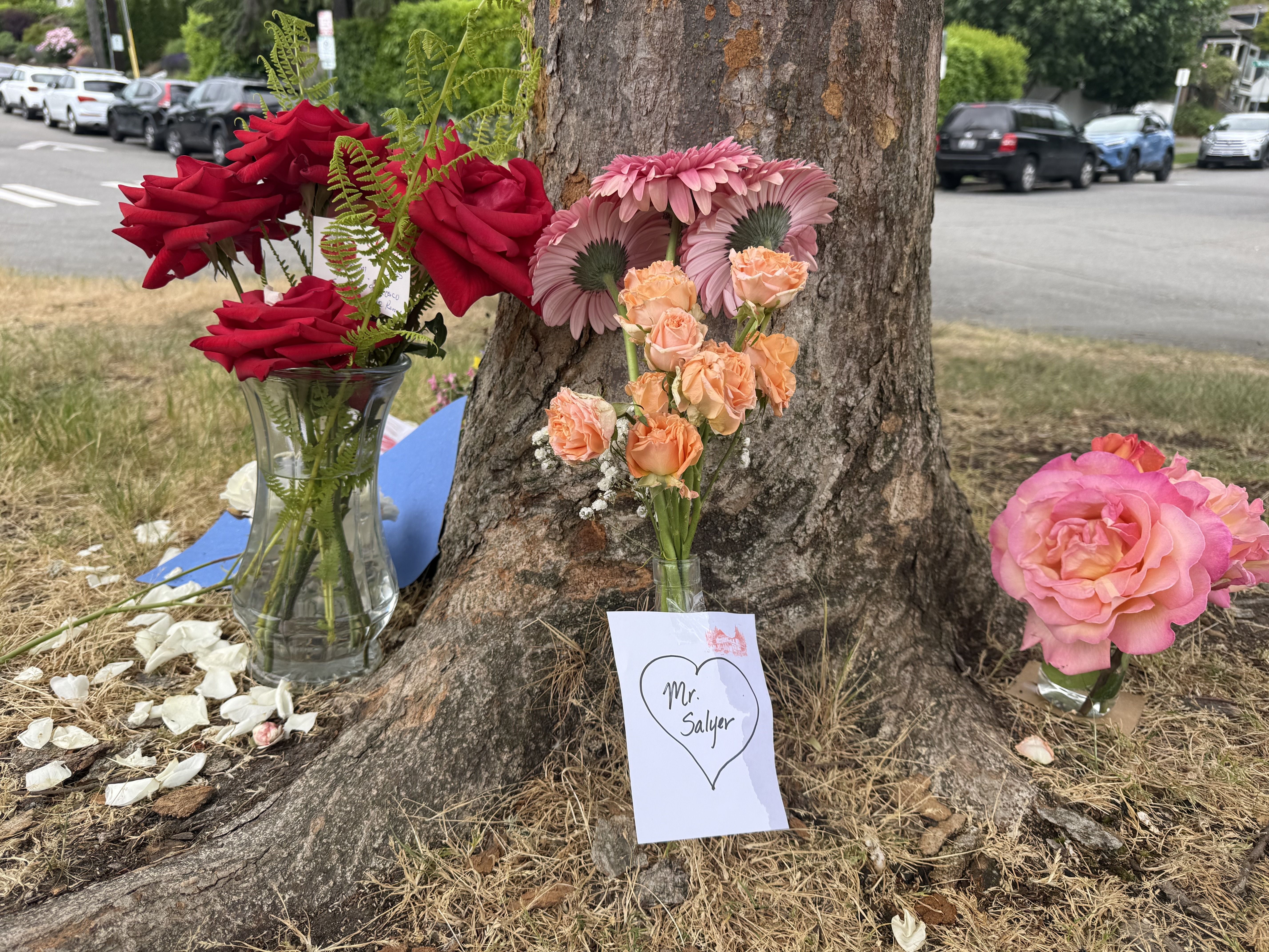 Bouquets of red roses, pink gerberas, and peach roses tied to a tree trunk with ferns; white petals scattered on dry grass, a note card, and parked cars along a street in the background.